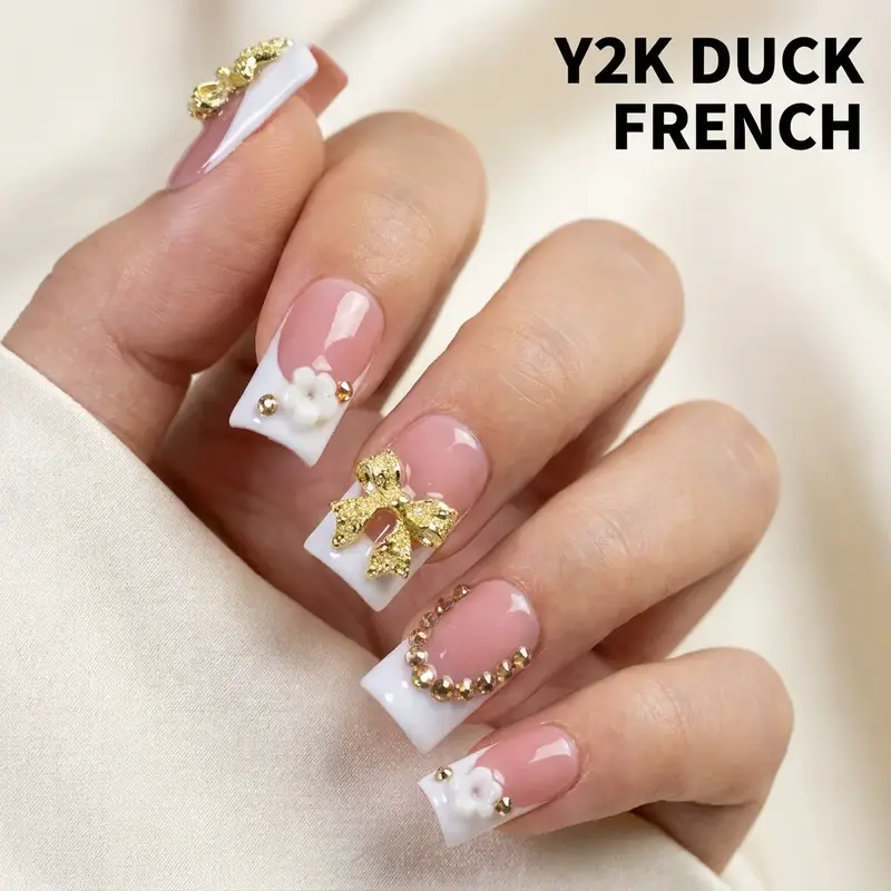 10pcs Y2K Style Short Duck Bill Press-On Nails, Decorative Nails, Red & White French Manicure False Nails With Gold Bow & Flower Decor, Gold Rhinestones, Nail Art Glitter, Nail Art Supplies For Daily Wear & Party, Great Gift For Women And Girls