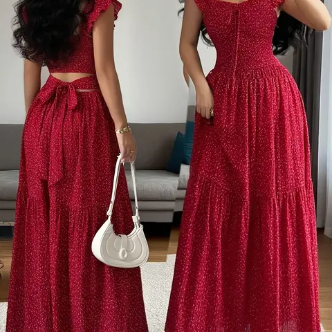 Women's Vintage All Over Print Square Neck Tie Back Ruffle Hem Dress, Backless Waist Cinch A-Line Dress, Elegant Summer Gown, Boho Vintage Dress, Boho Chic Style, Bohemian, Boho Styles Fashion, Multiple Colors Available