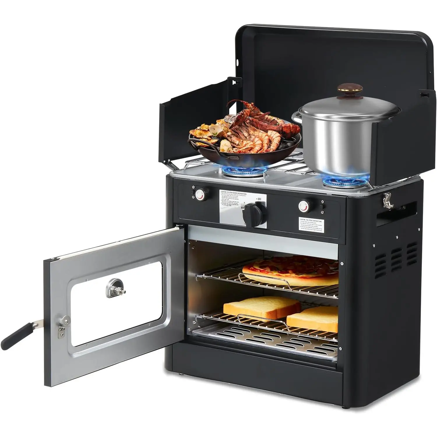 2-in-1 Camping Oven & Portable Gas Stove Combo with 3-side Windscreen, Powerful 19,800 BTU Propane Oven with One-click Ignition, Heat-resistant Coating & Thermometer for Outdoor Use, Black