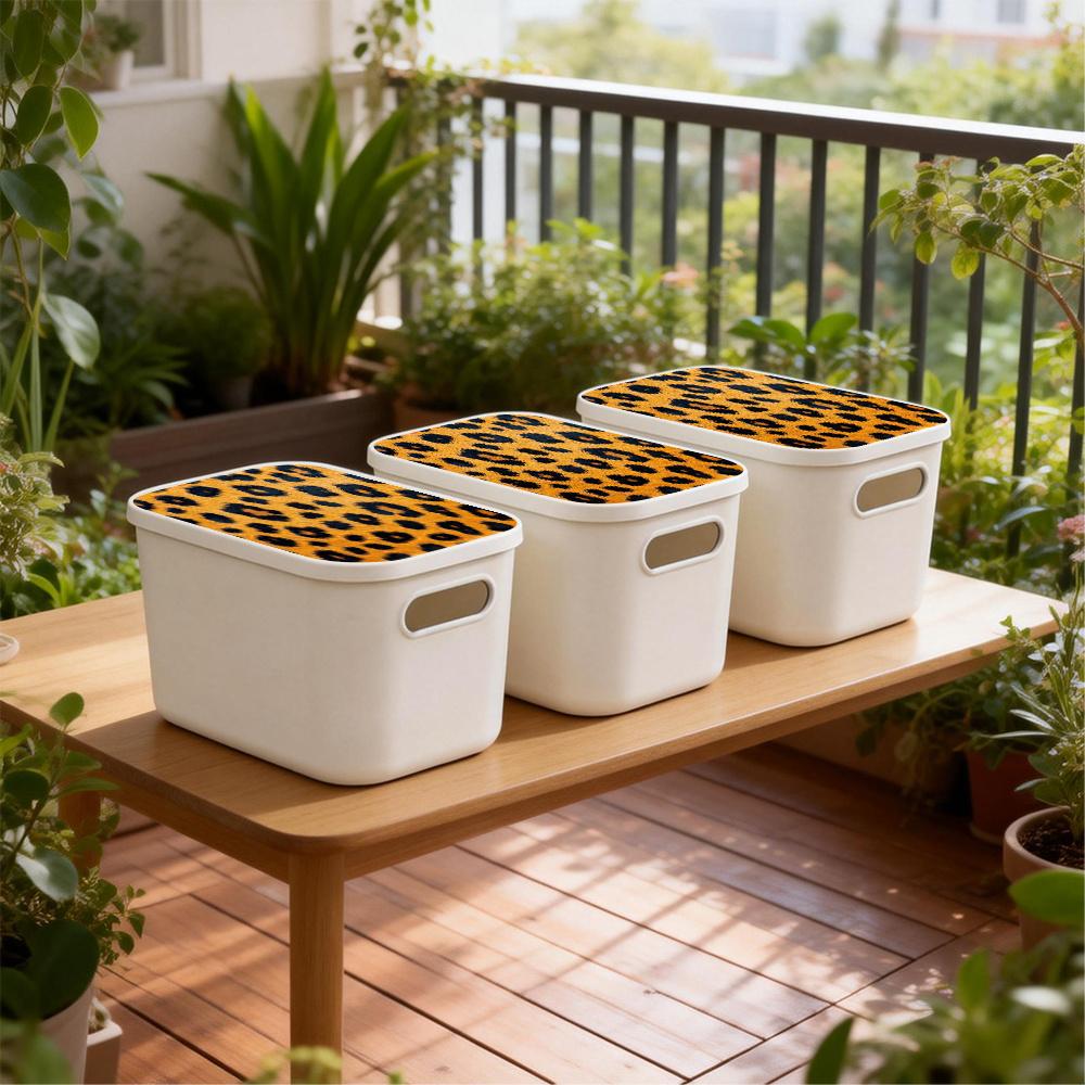 3-Piece Cover White Plastic Storage Box with Cute Printed Wild Leopard Pattern, Modern Nordic Style Dustproof Rectangular Storage Box, Suitable for Desk, Bookshelf, Wardrobe - Multi functional Home and Office Storage (25x18x16cm/9.8x7x6.3 inches)