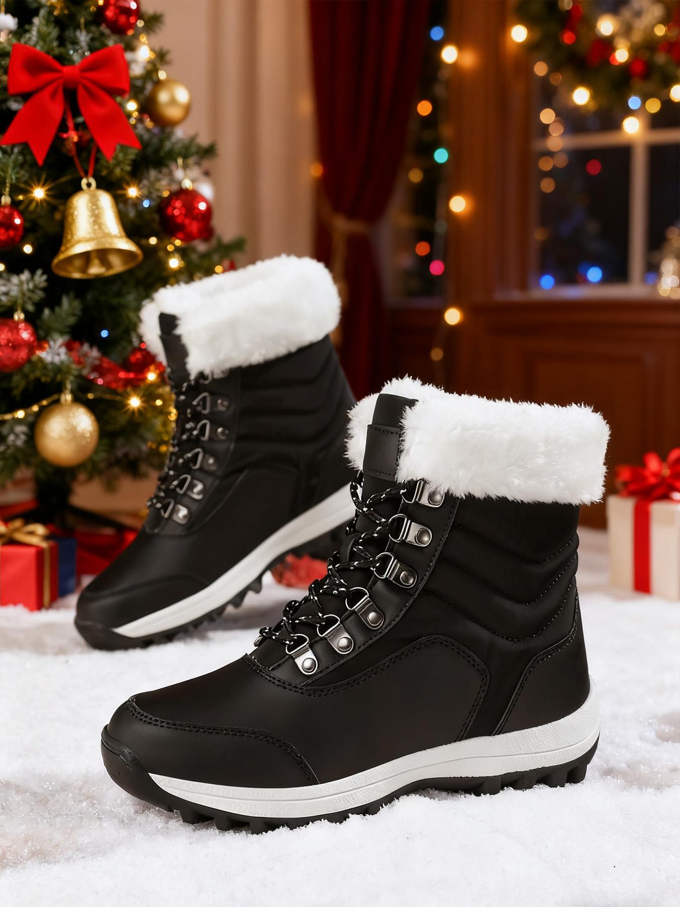 Women's High-Top Lace-Up Hiking Boots, Trekking Shoes, Durable Outdoor Snow Boots with Fleece Lining, Fashionable and Comfortable for Daily Wear and Outdoor Activities, Christmas Gift, Casual Hiking Shoes