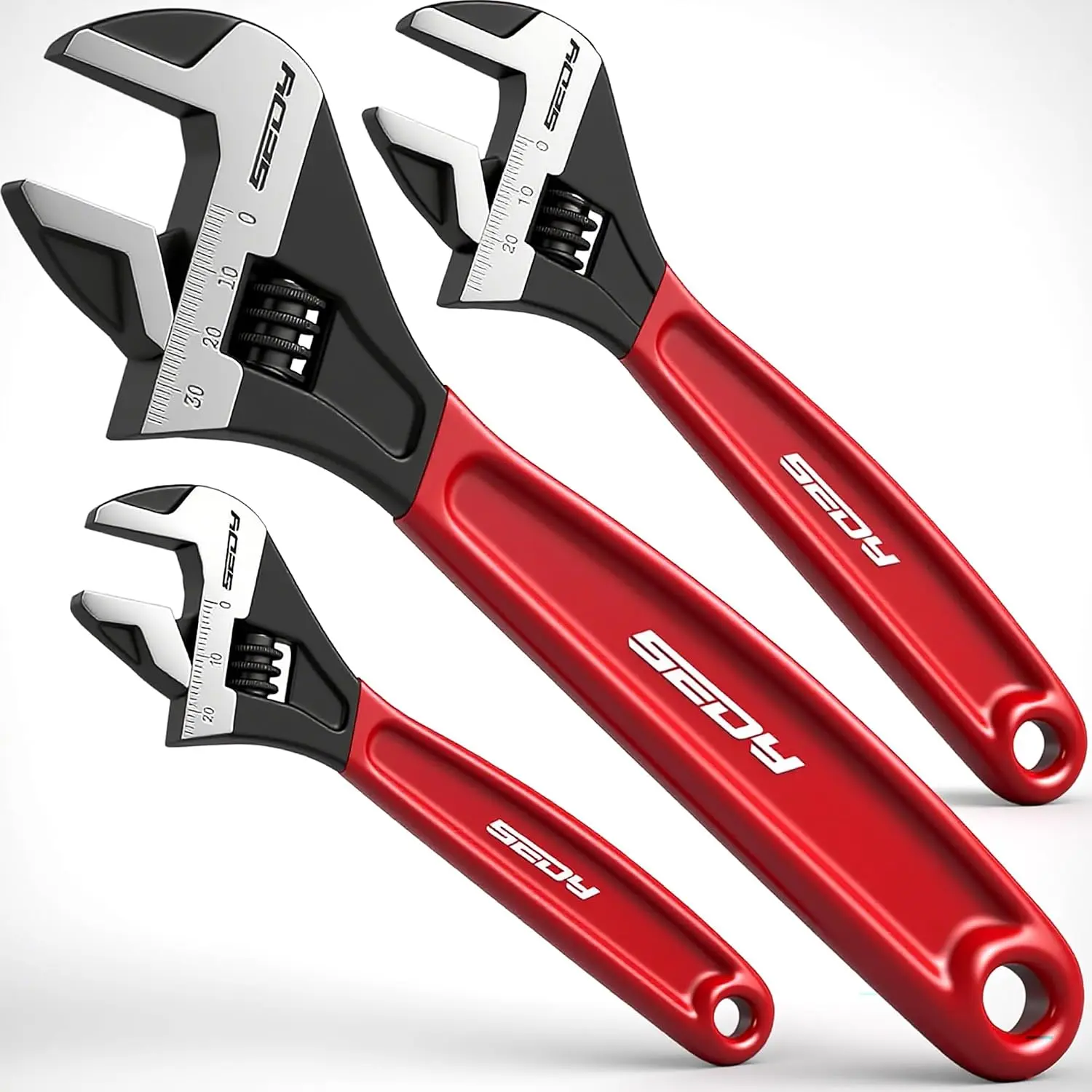 SEDY Wrench Set Pipe Spanner: 6" 8" 10" Wide Jaw Black Oxide Wrench With Cushion Grip, Marked Metric & SAE Scales, CR-V for