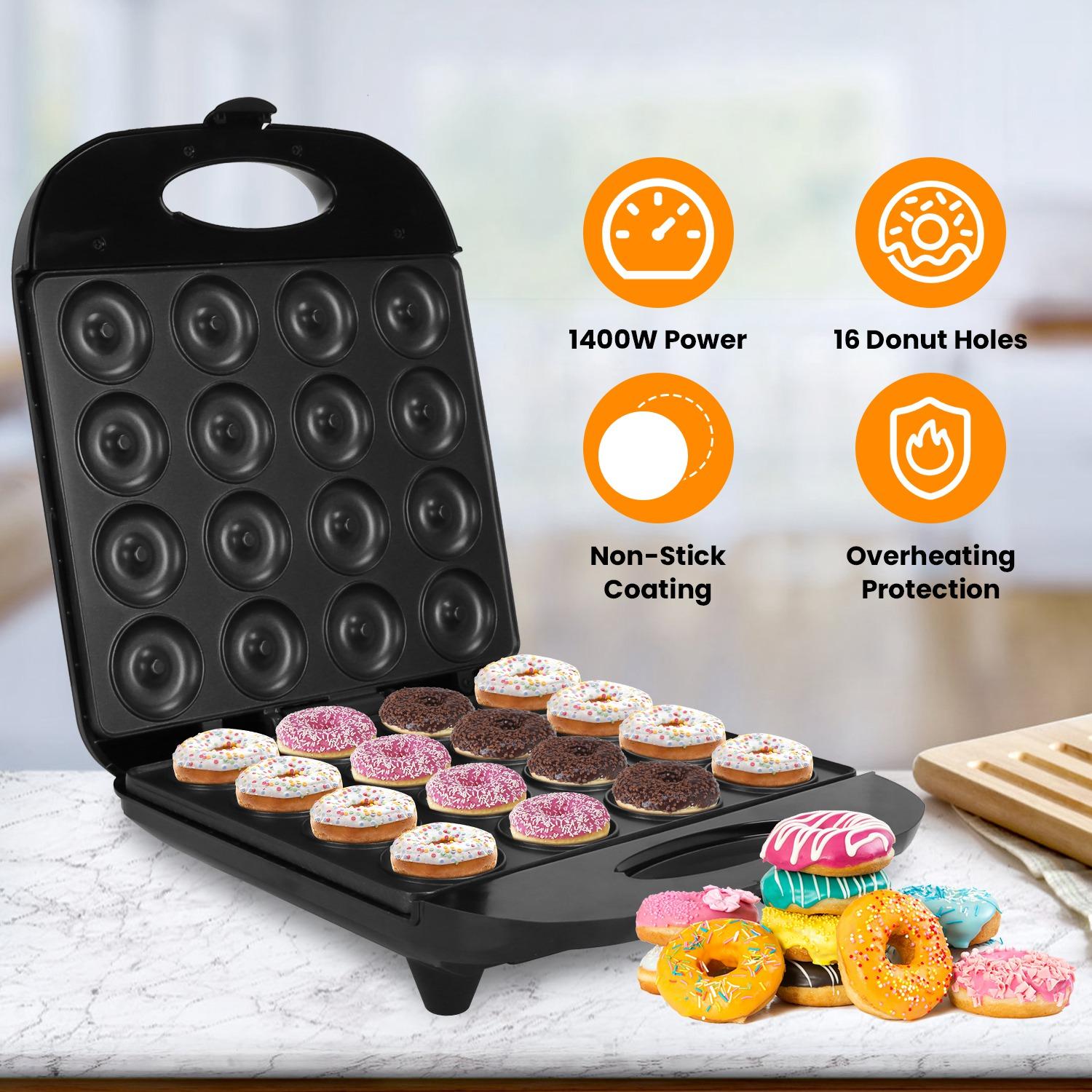 Mini Donut Maker Machine, 16 Holes Non-Stick Waffle Donut Baker, Double Side Heating Electric Doughnut Maker with Overheat Protection, Easy Use Snack Maker for Kids Breakfast Home Dessert Making