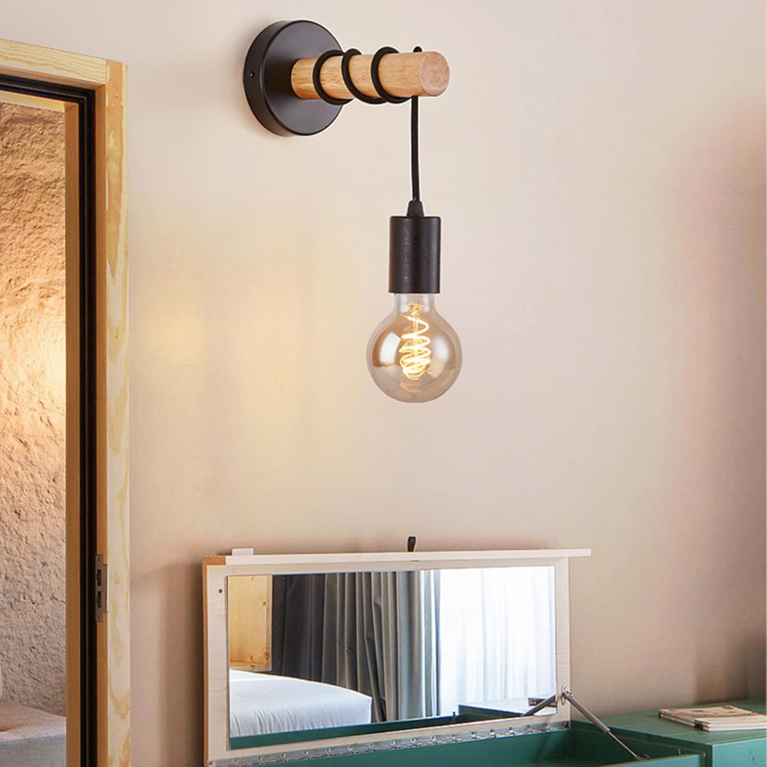 Modern Vintage E27 LED Bedside Lamp, Nordic Creative Wall Light, American Style Wooden Wall Sconce, Simple Hallway Balcony Lighting