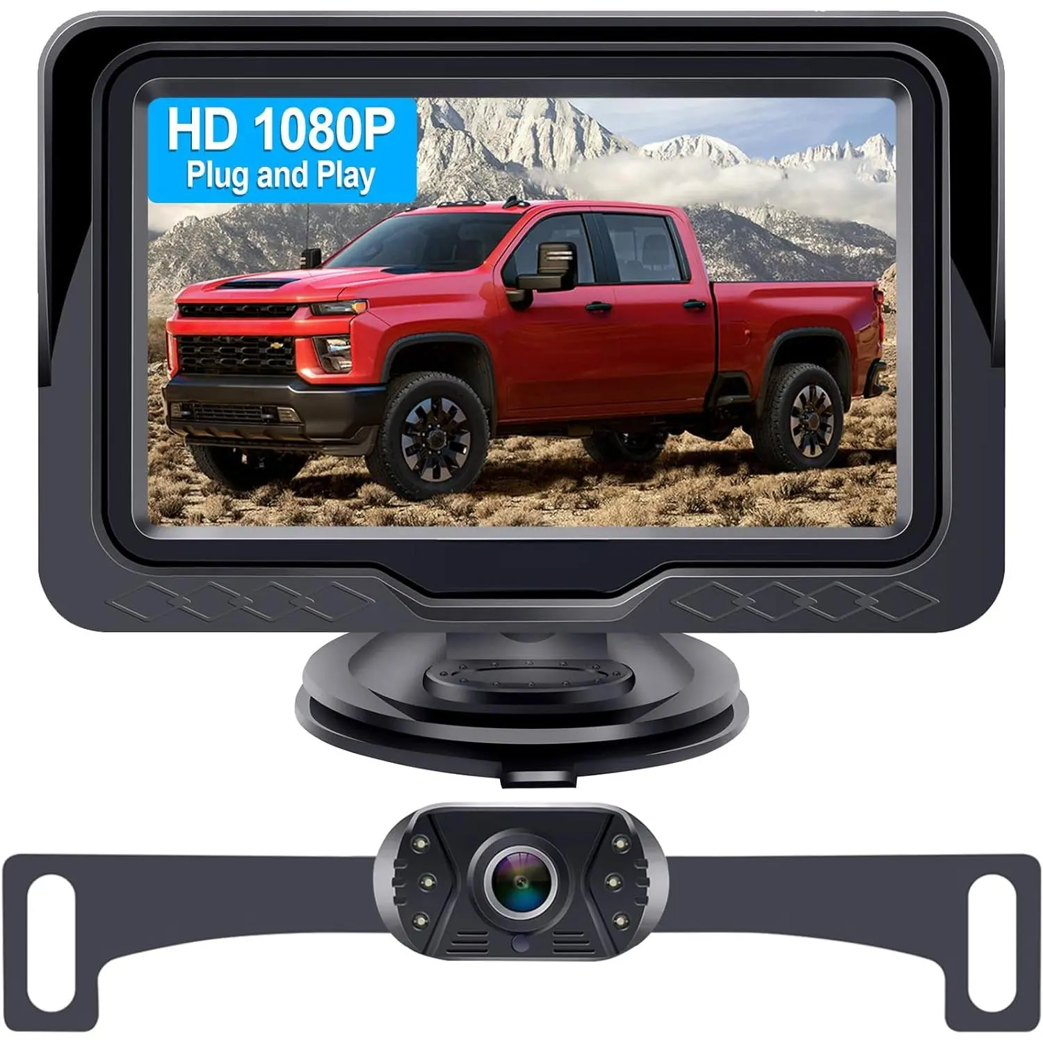 HD 1080P Plug and Play Backup Camera System, 4.3 Inch Monitor with License Plate Rear View Camera, 60FPS Real-Time Clear Night Vision for Trucks & SUVs