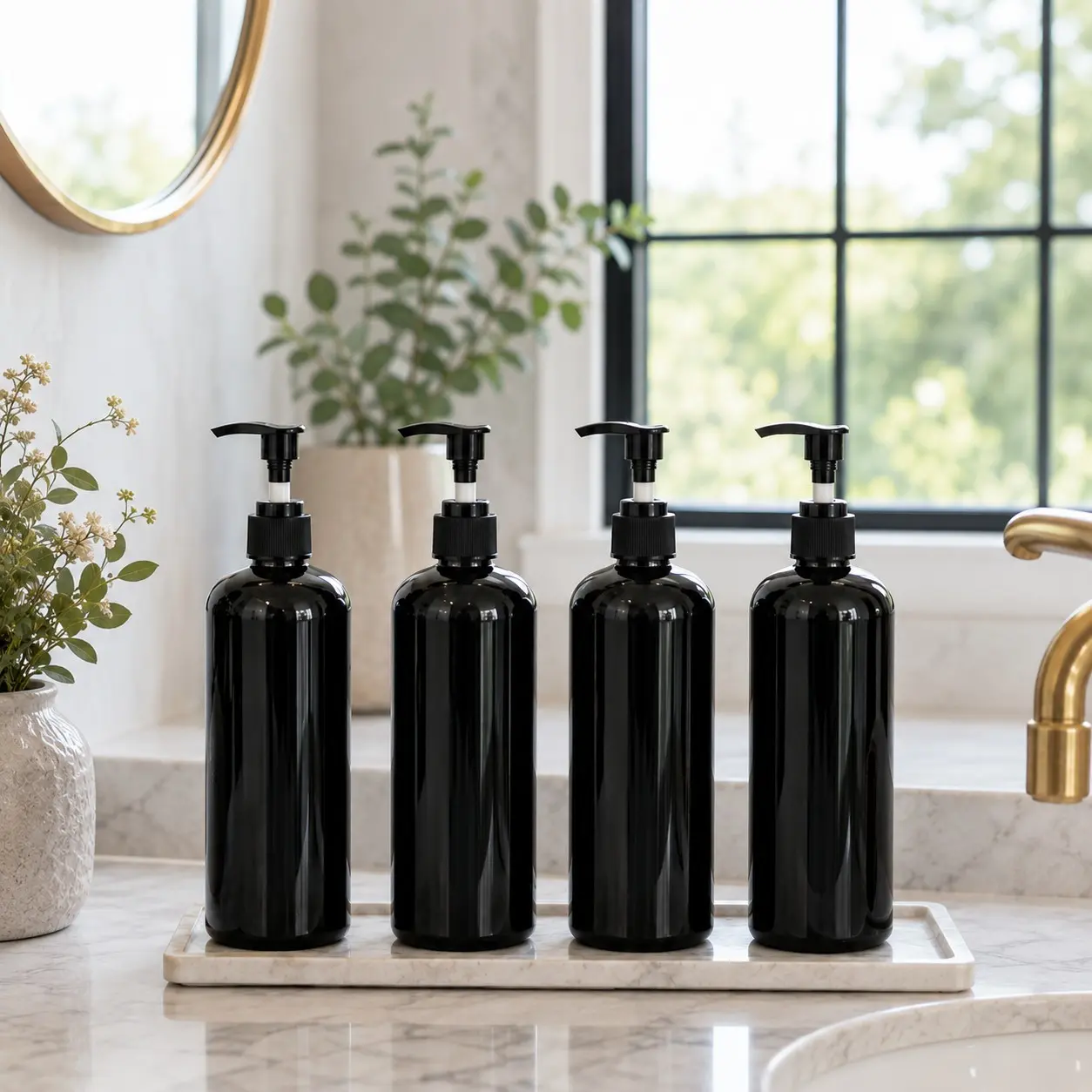 4 Pack 500ml Black Refillable Pump Bottles, Reusable Soap Dispenser Bottles for Shampoo, Conditioner, Body Wash, Lotion and Bathroom Organisation, Liquid Soap Dispenser