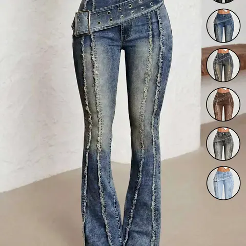 【Black Friday】Women's Low Waist Bell-Bottom Jeans, Grommet Detail, Comfortable Stretchy Fabric, Washed Jeans, Vintage Fringe Long Pants, Casual Denim Trousers for Everyday Wear