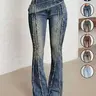 【Black Friday】Women's Low Waist Bell-Bottom Jeans, Grommet Detail, Comfortable Stretchy Fabric, Washed Jeans, Vintage Fringe Long Pants, Casual Denim Trousers for Everyday Wear