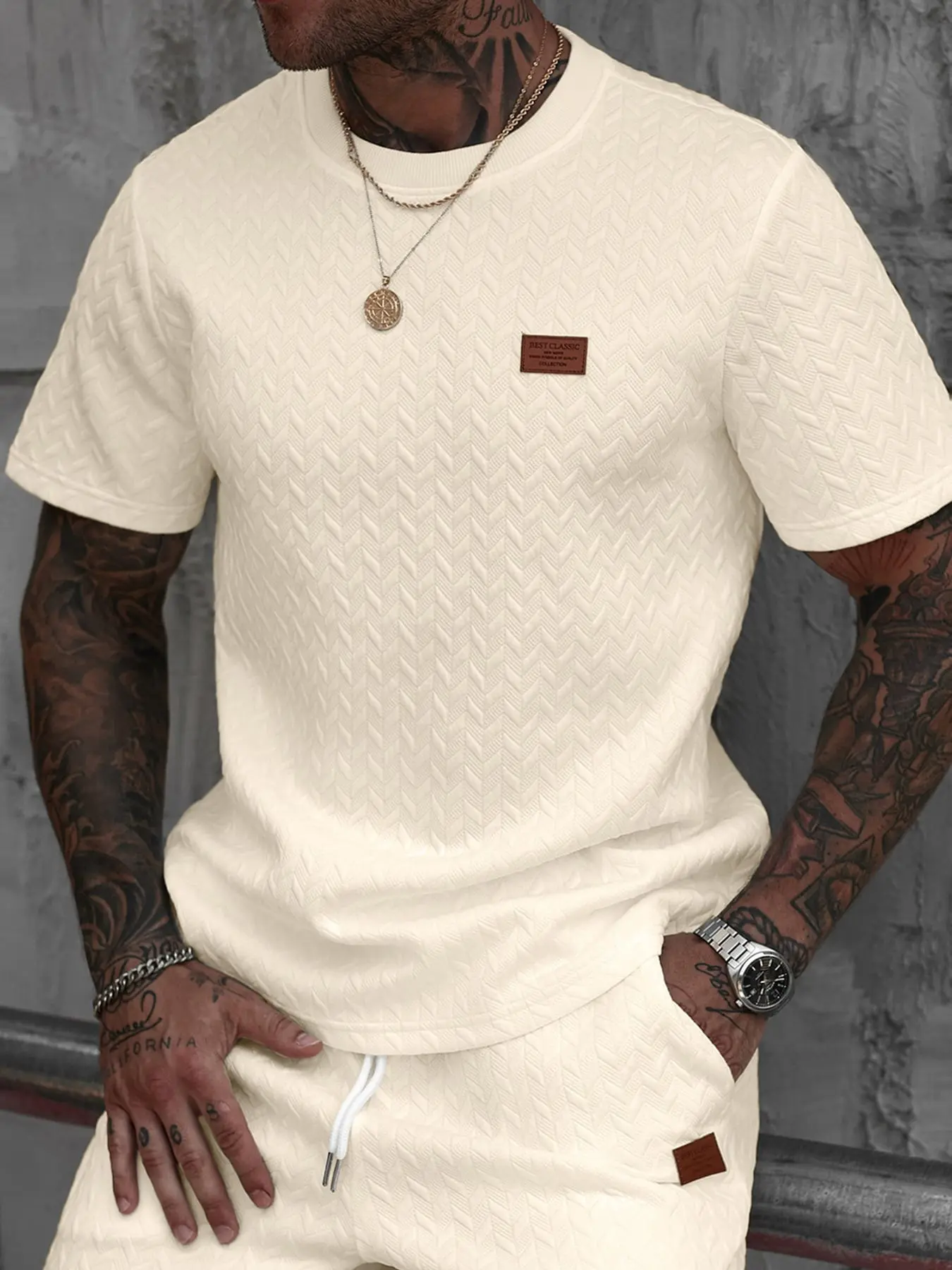 Men's Casual Textured Short-Sleeve Plain White T-Shirt, Ribbed Round-Neck Crew Top for Summer Everyday Wear, Menswear