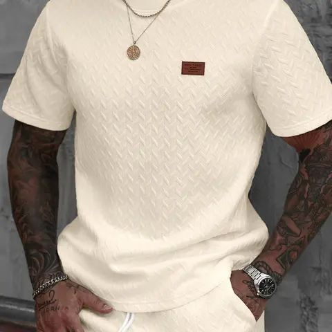 Men's Casual Textured Fabric Short-Sleeve Plain White T-Shirt, Ribbed Round-Neck Crew Top for Summer Everyday Wear