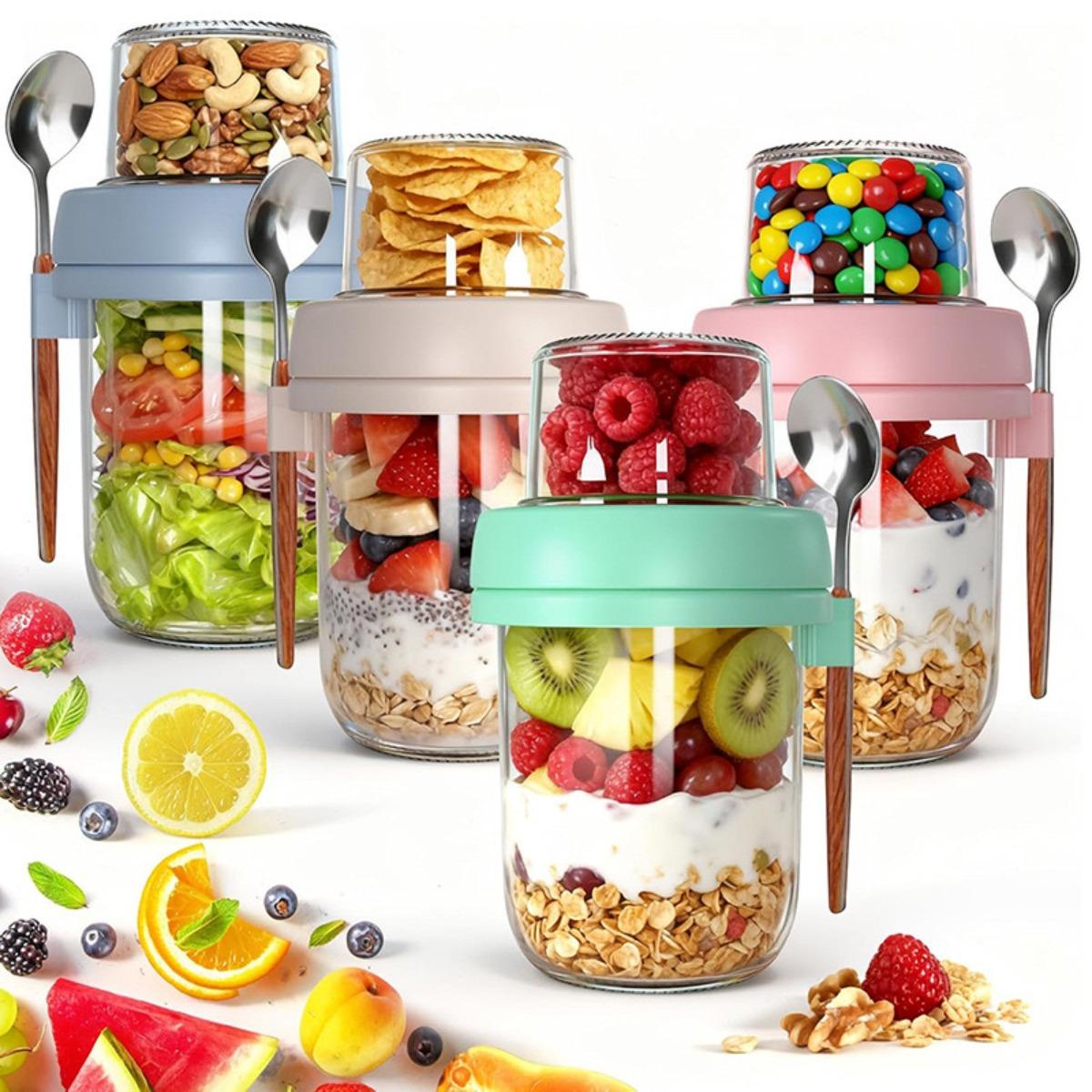 4PCS Double Layer Overnight Oat Containers with Lids, Dry and Wet Separated Yogurt Parfait Cups, Chia Pudding Glass Jars for Oats, Granola, Nuts, Fruit and Salad, Portable Meal Prep Breakfast Cups, Random Colors