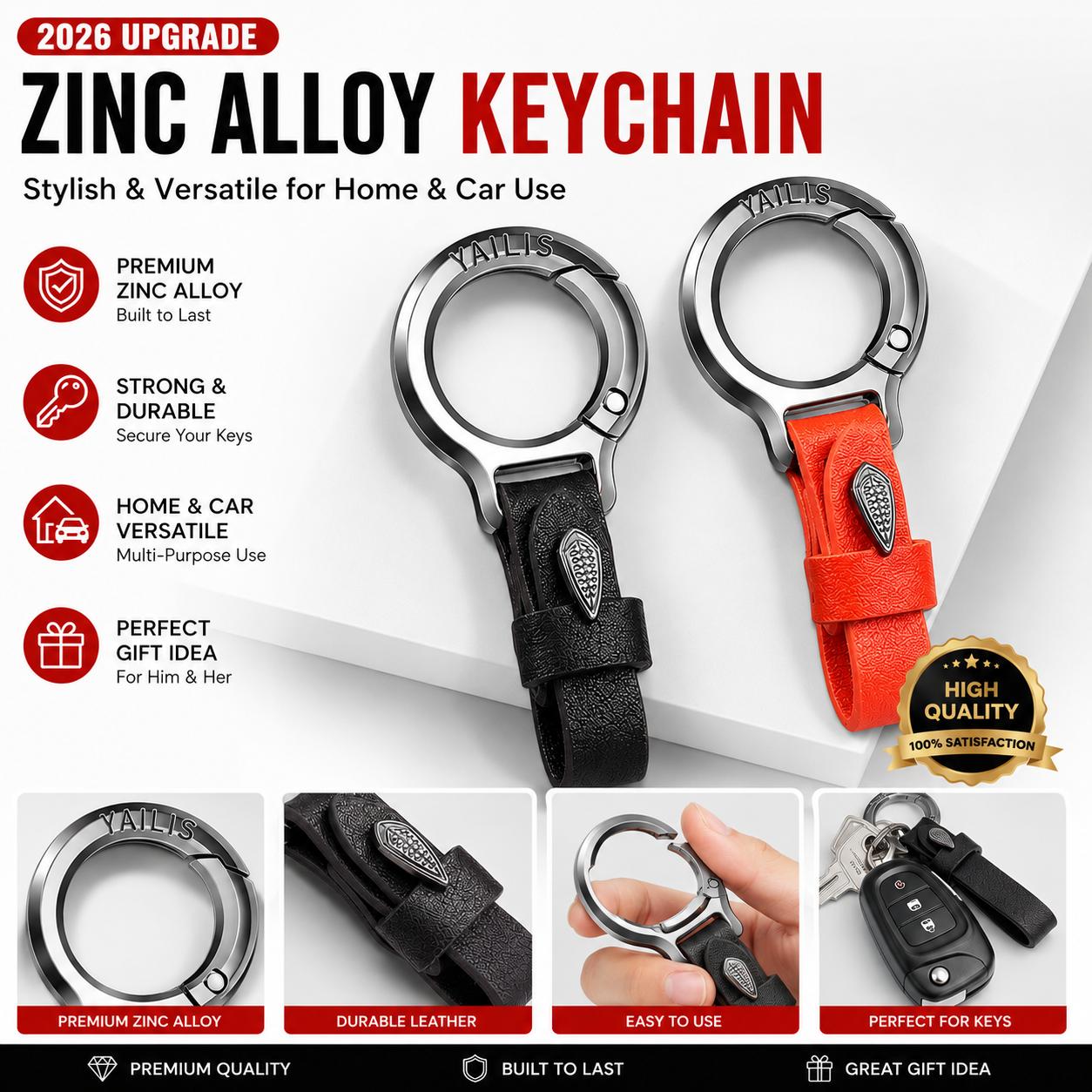 Upgraded Zinc Alloy Keychain with Leather Strap, Stylish EDC Key chain Holder for Car Keys, House Keys, Everyday Carry, Gift for Men and Women