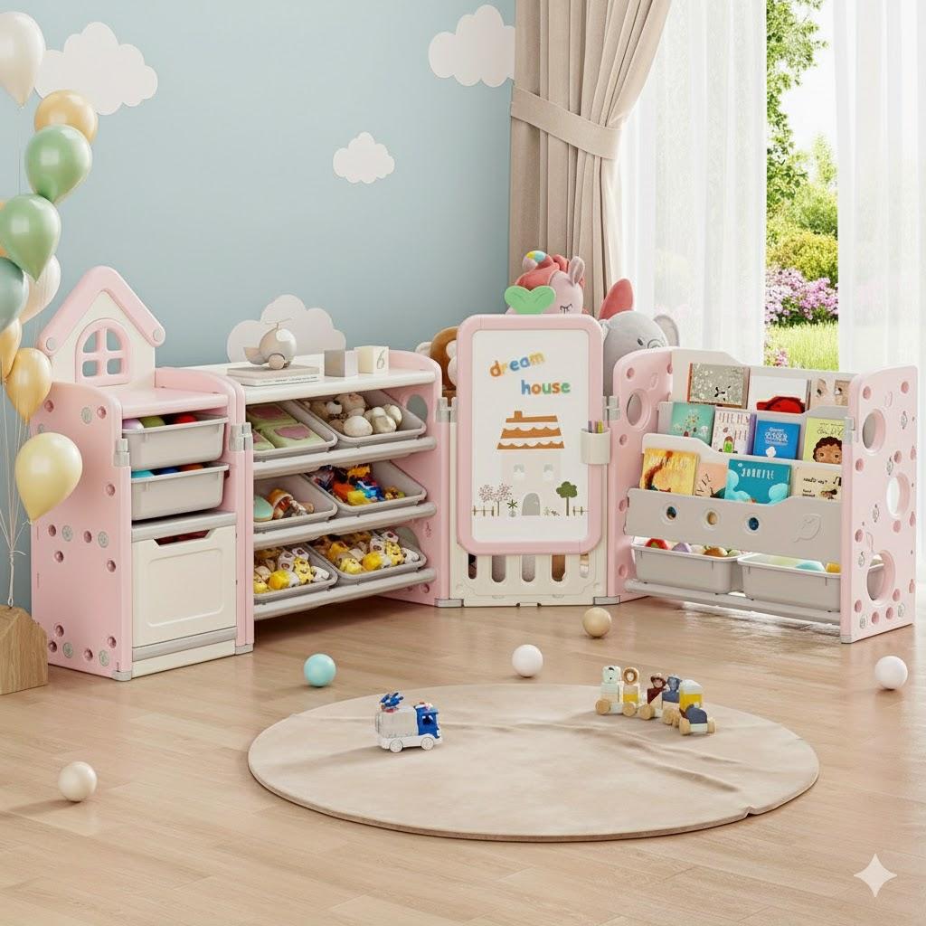 Foldable Kids Toy Storage Organizer with 10 Removable Bins and 3-Tier Bookshelf, 4 in 1 Multifunctional Large Toy Organizer with Drawing Board for Kid Bedroom Playroom Living Room, Light Pink