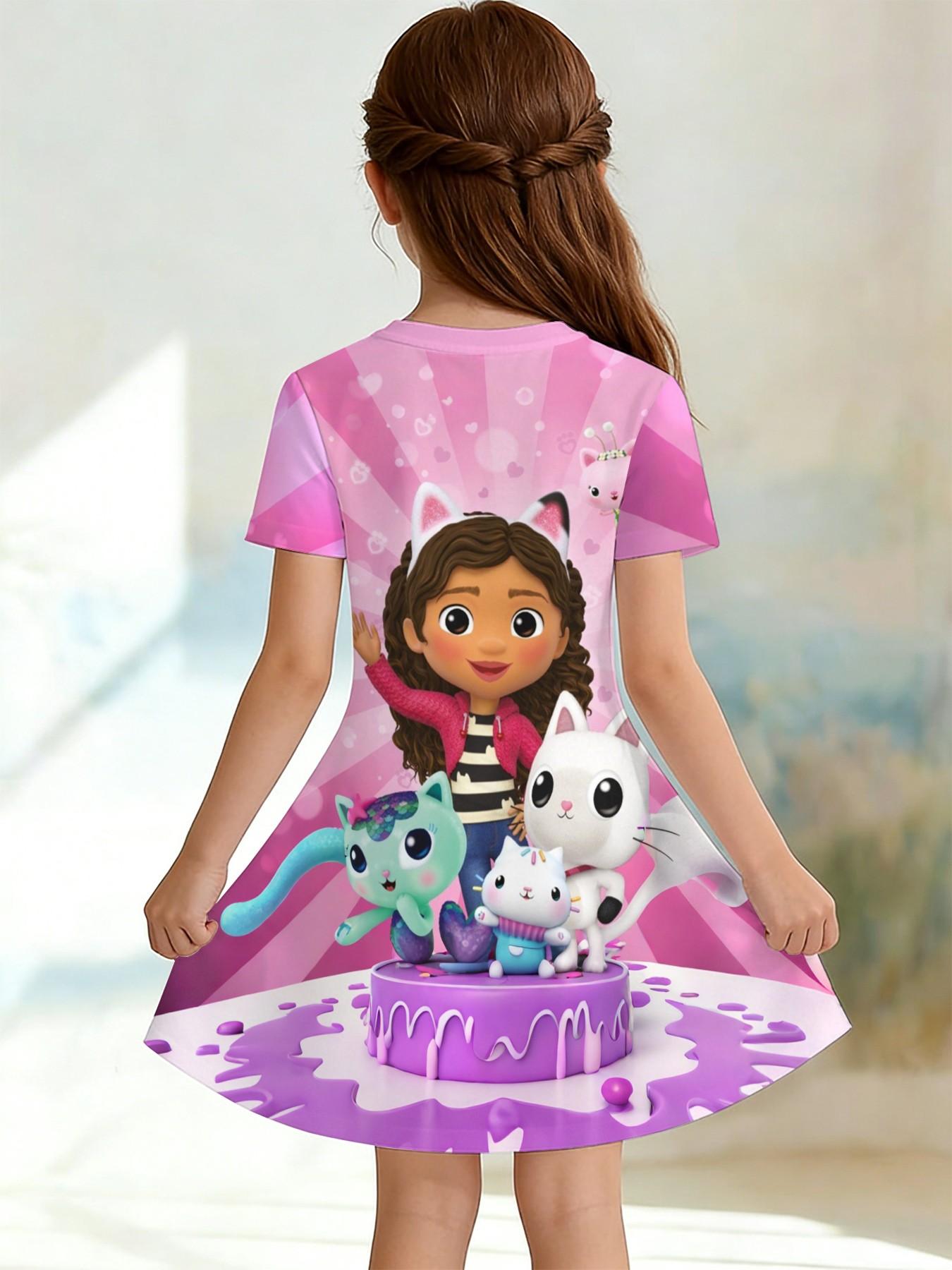 Girls' Gabby Doll Party A-Line Dress, Cartoon Sweetie Short Sleeve Dress, Fashion Outdoor Wear, Birthday Gift, Holiday Gift