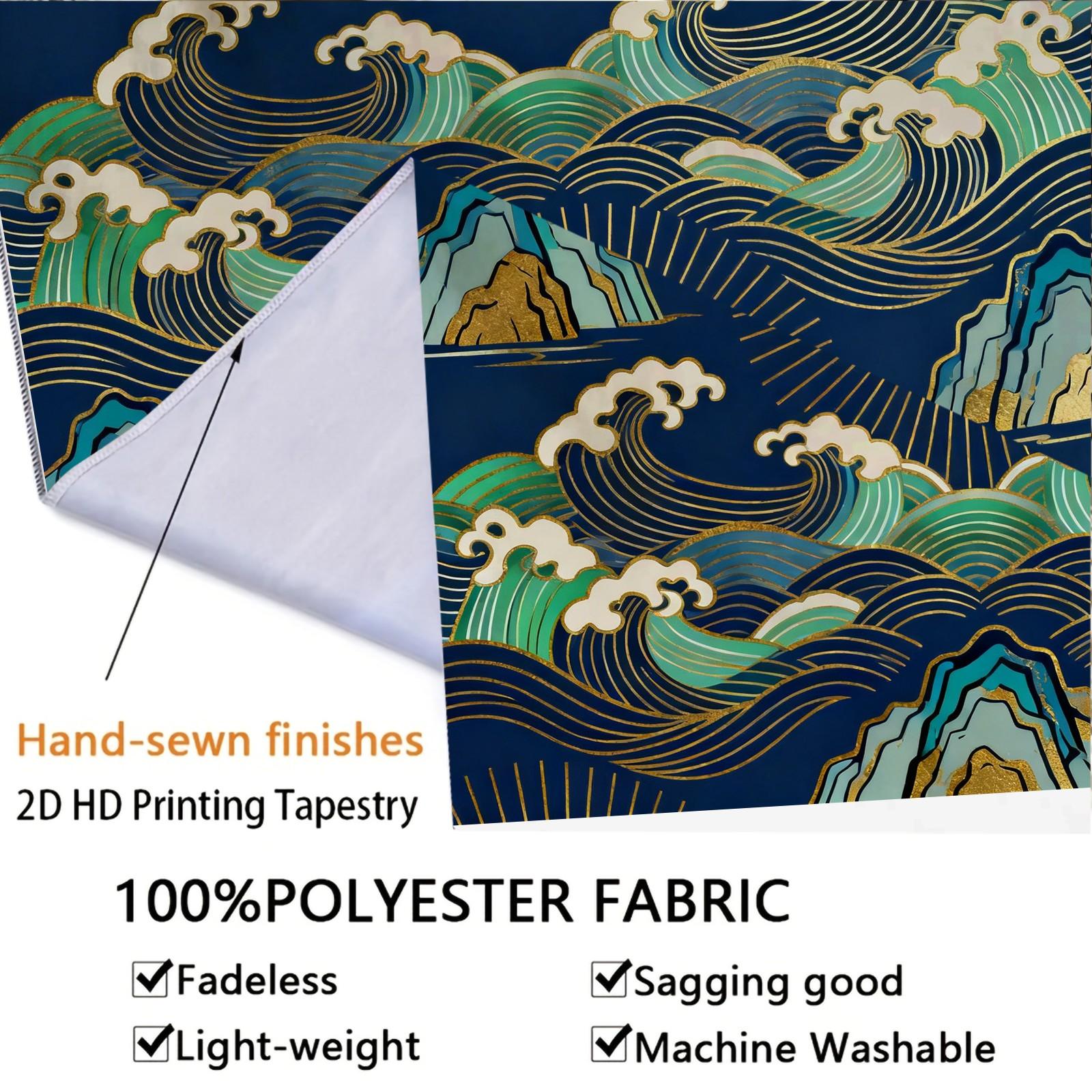 1 Piece Japanese Wave Sun Tapestry, Navy Blue Gold Foil Great Wave HD Digital Print Wall Hanging, Boho Polyester Tapestry, Lightweight Fade-Resistant, Easy to Hang for Bedroom, Living Room & Dorm