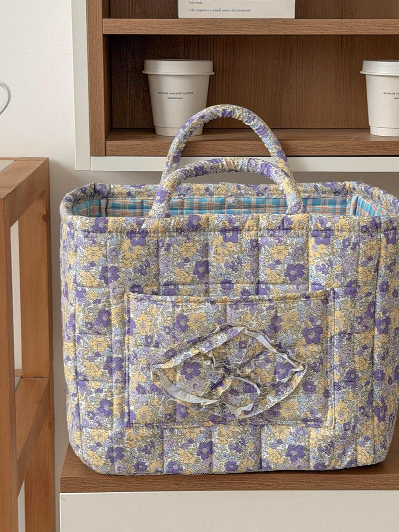 Large capacity floral quilted storage basket with plaid lining and multi-purpose organizer to store makeup, toiletries and daily essentials, perfect for bedrooms, bathrooms, offices and travel