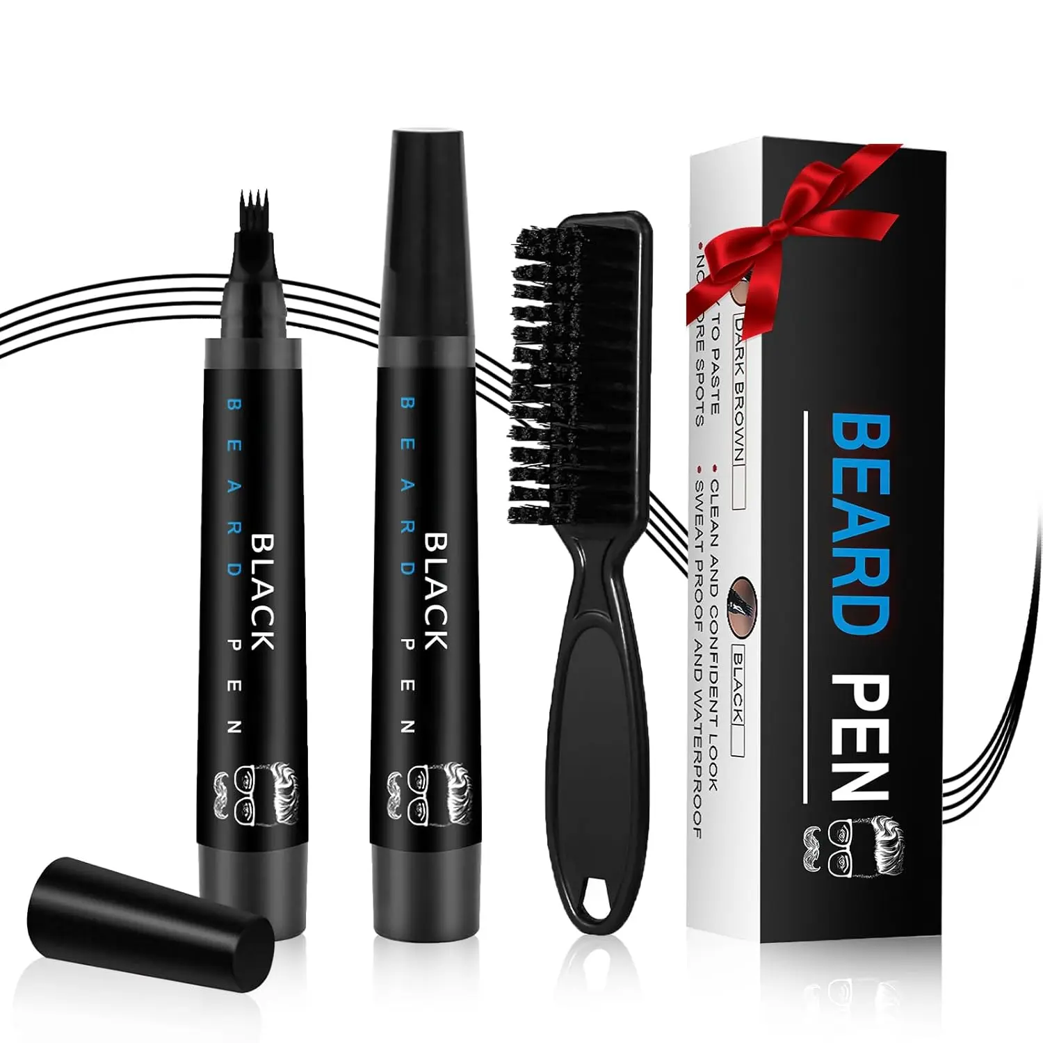 Men's Beard Filler Pen Kit with 4 Forked Tips - Portable, Unscented Castor Oil Infused, Waterproof, Durable, Easy to Use, Natural Coverage Makeup for Daily Care (1 Pen + 1 Brush) - Men's Stuff