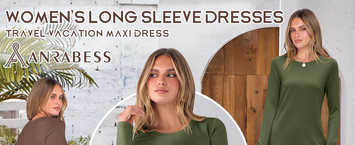 ANRABESS Women Long Sleeve Dresses 2025 Fall Casual Crewneck Loose Fit Split Flowy Wrinkle-Free Travel Vacation Maxi Dress