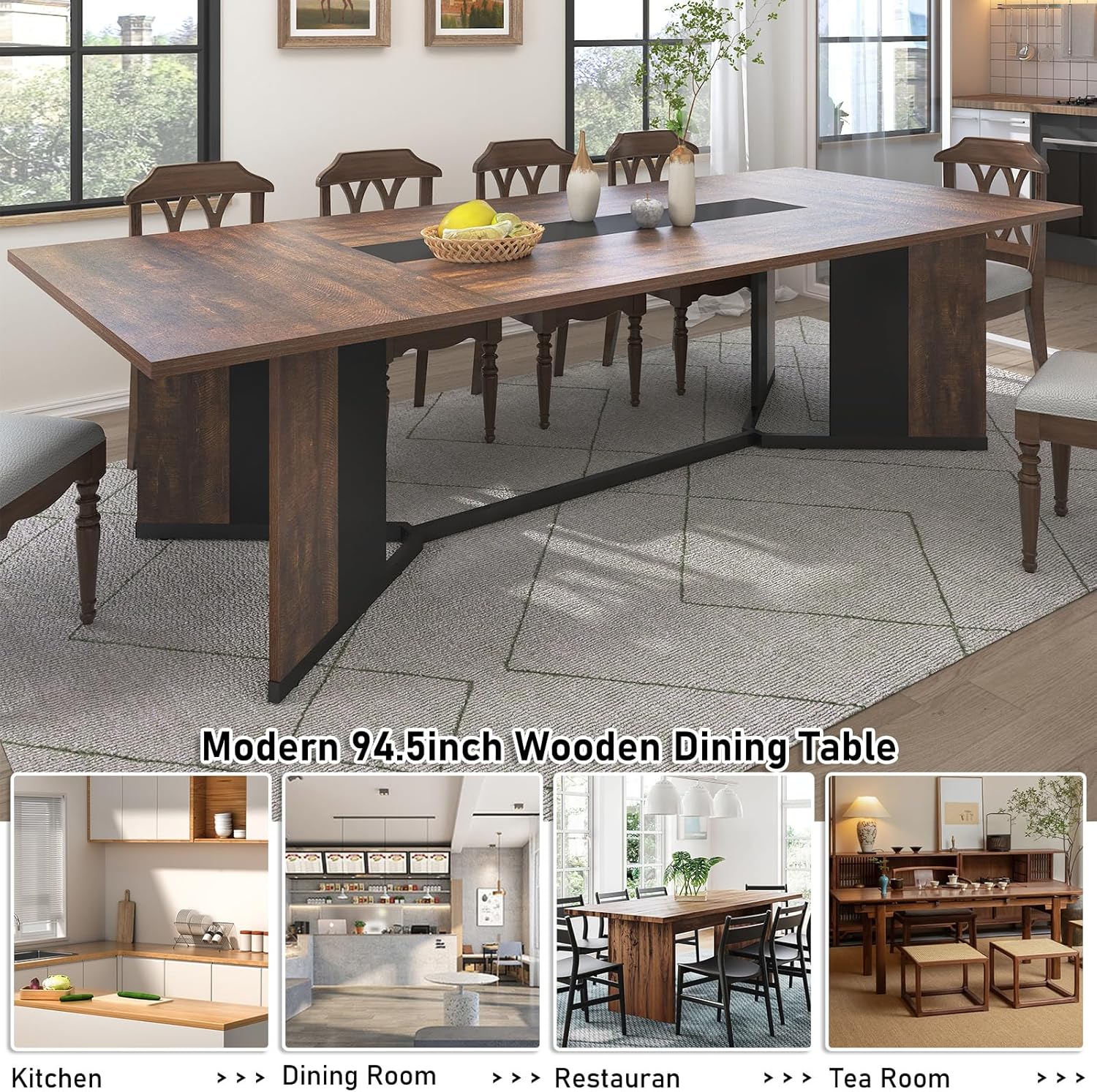 94 Inch Dining Table for 10 People,Modern Large Rectangular Kitchen Table W/Waterproof Wood Tabletop,Long Dining Room Tables W/Adjustable Legs&Metal Frame for Kitchen Living Room,Brown/White