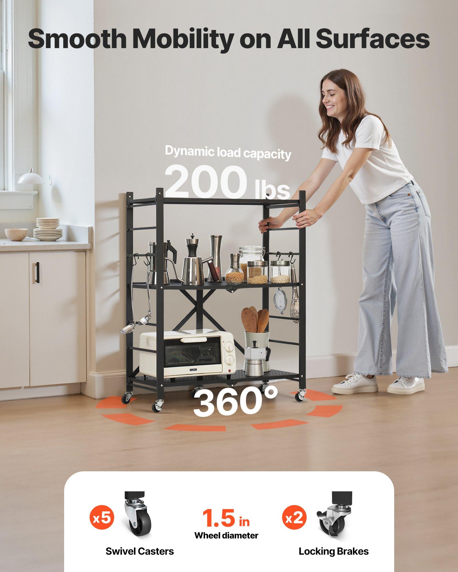 VEVOR 3-Tier Foldable Carbon Steel Storage Shelves, 13x28x36" Folding Metal Rack Unit, No-Assembly Organizer with 5 Wheels & 4 Hooks for Kitchen, Garage, Black
