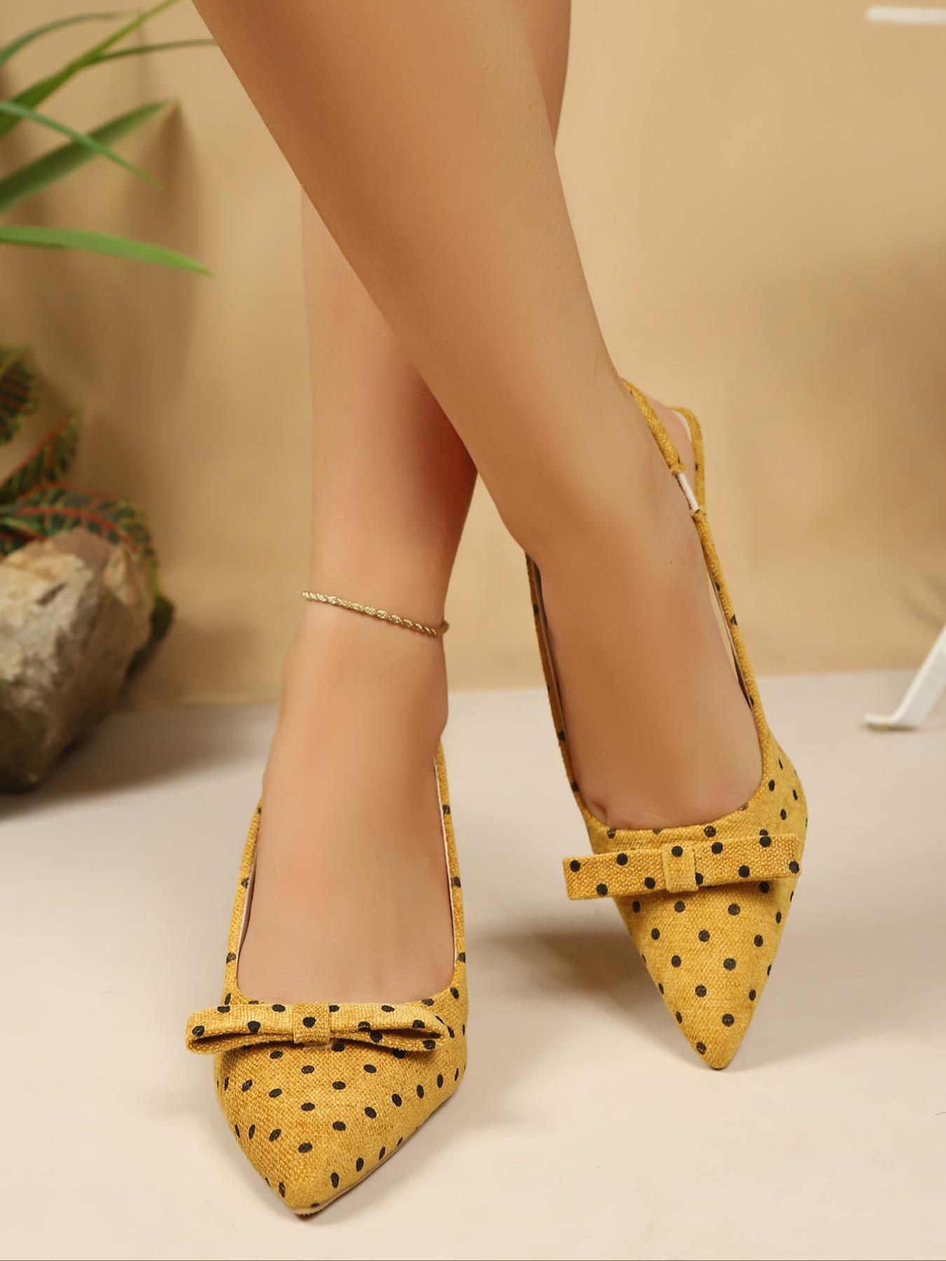 Women's Vintage Pointed Toe Slingback Kitten Heel Pumps, Sweet Bow Appliqué Decoration, Solid Color Or Polka‑Dot Printed Upper Options, Soft Cushioned Insole, Elegant Footwear Perfect For Dating Occasions, Bridal Events, Daily Commute And Semi‑Formal Gath