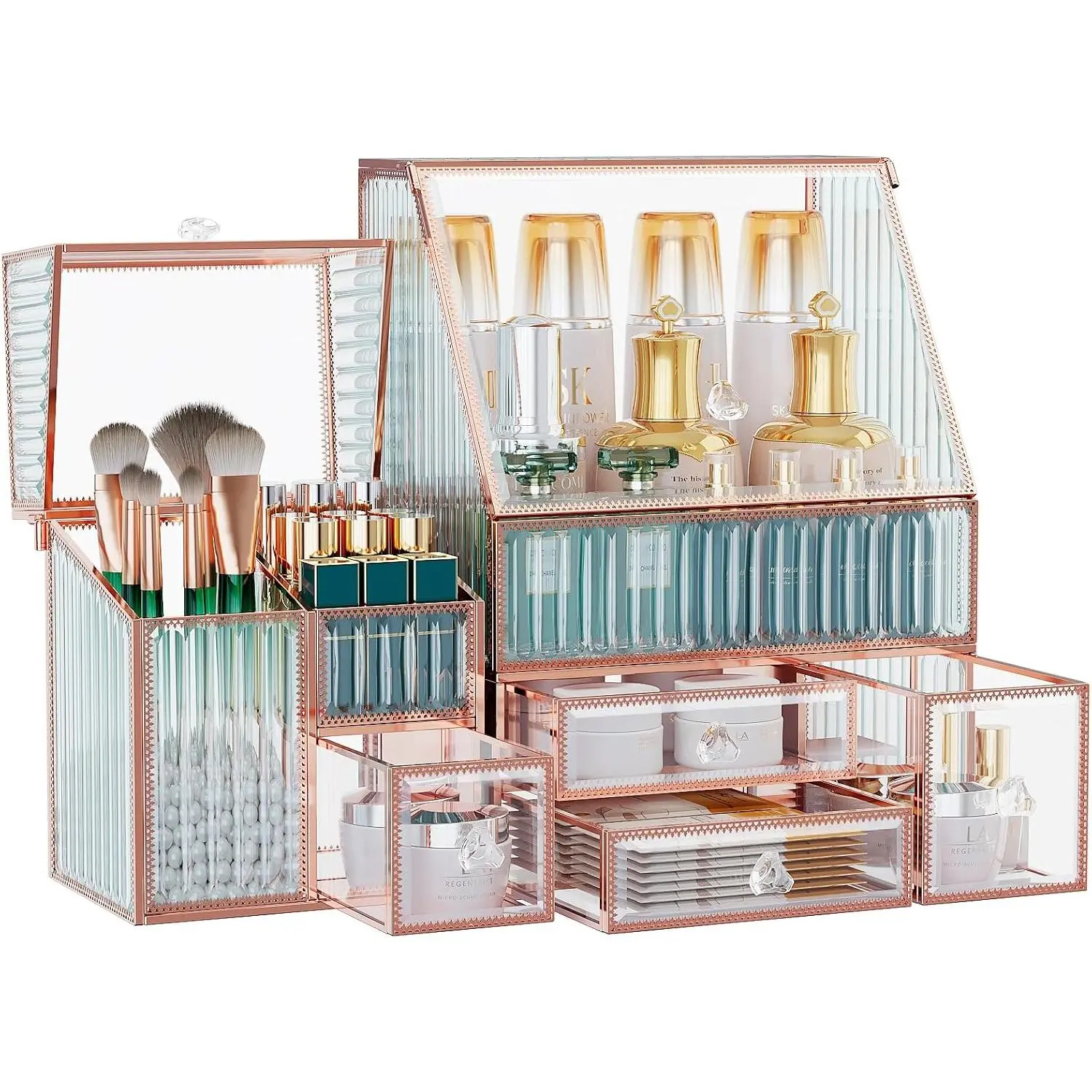 Glass Makeup Organizer, 3-in-1  Organizer | Multi-Functional, for Skincare Lipstick Brushes,  Organizer, Bathroom Organizer