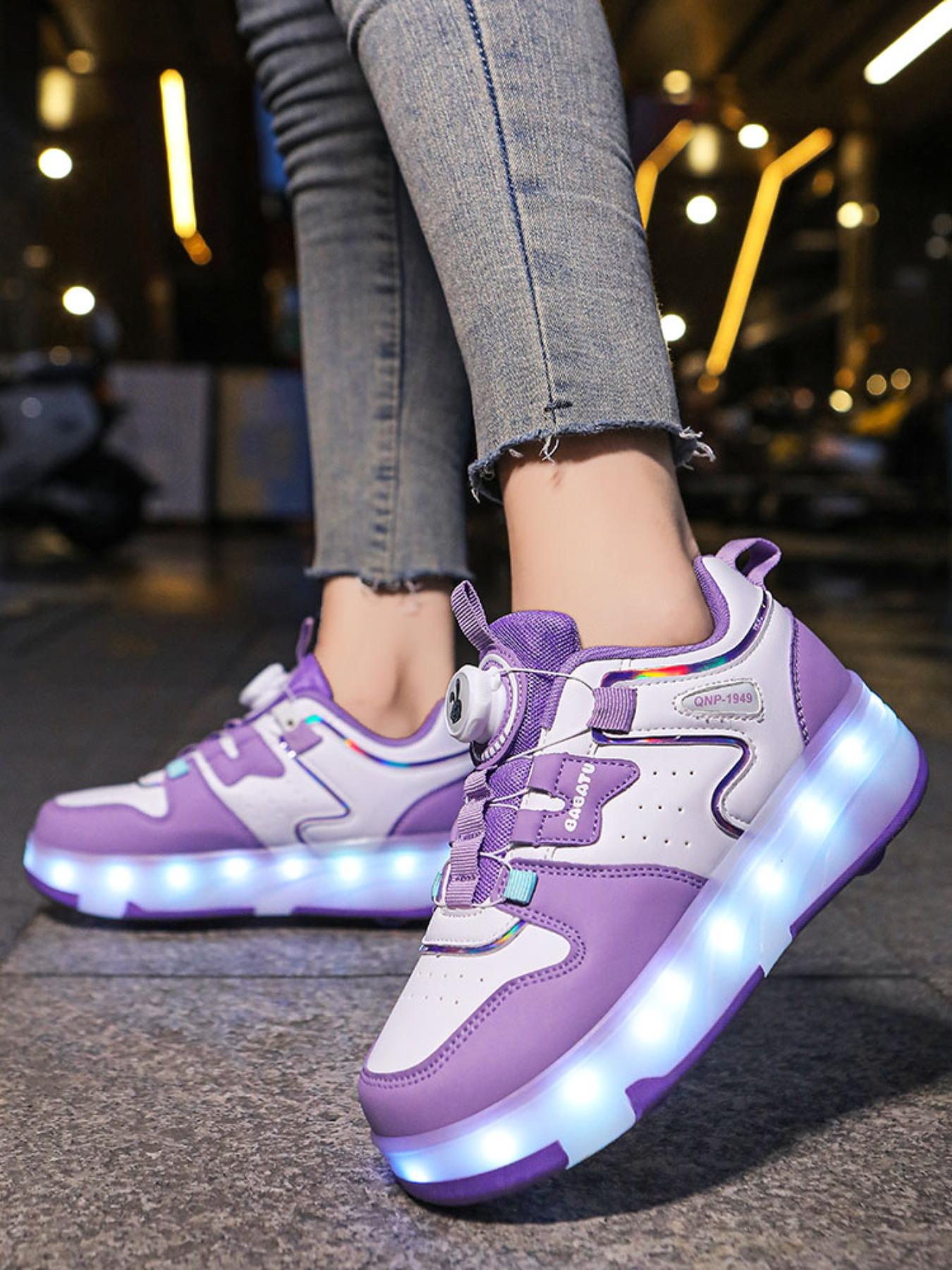 Girls' Four-Wheel Roller Skates, Adjustable LED Light-Up Shoes, PU Leather, USB Charging, Detachable Wheels, All-Season Casual Style