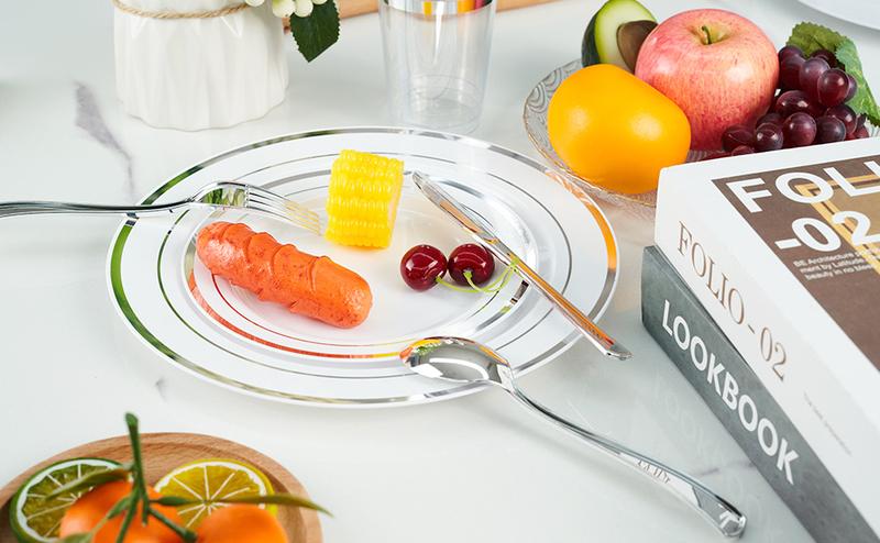 Kerilyn 350/700 Pcs Plastic Plates Disposable Silverware and cups, Disposable Party Plates for 50 Guests, Include: 100 Plastic Plates, 50 Pre Rolled Napkins with Gold Silverware, 50 Cups