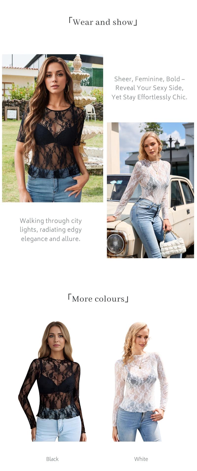 Chicovar Women's 90s Grunge Mesh Short Top –Lace Long Sleeve Mock Neck Sheer Blouse, Cropped Fit (Hits at Waist), Plus Size S-4XL, Perfect for Layering & Concerts! Womenswear Crewneck