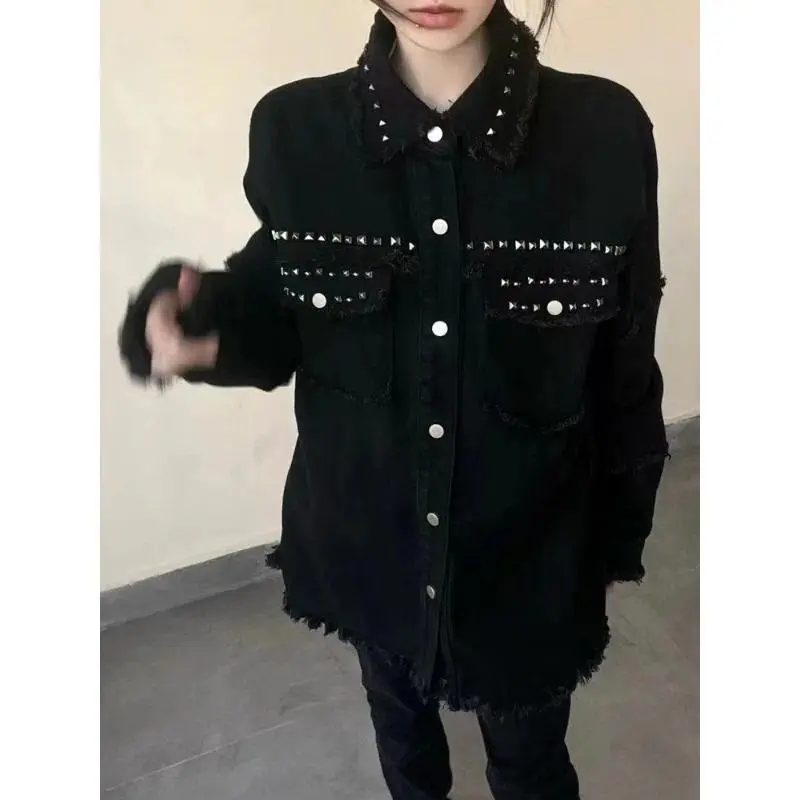 Gothic Black Jean Coats Women Casual Y2k Clothing Outwear 2000s American Vintage Punk Denim Jackets Harajuku Subculture Clothing