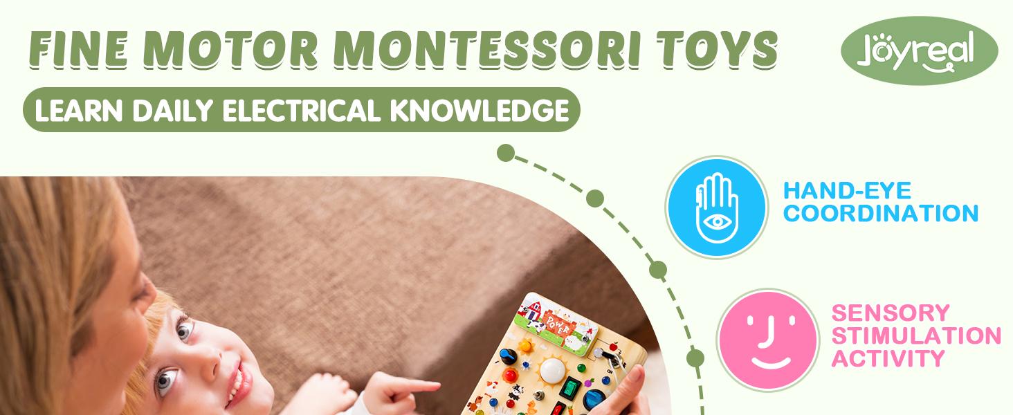 Joyreal Montessori Sensory Toys, Square-Shaped Wooden Busy Board with LED Light Up Switches,  Portable Learning Kids Toys,Christmas Gifts Ideas