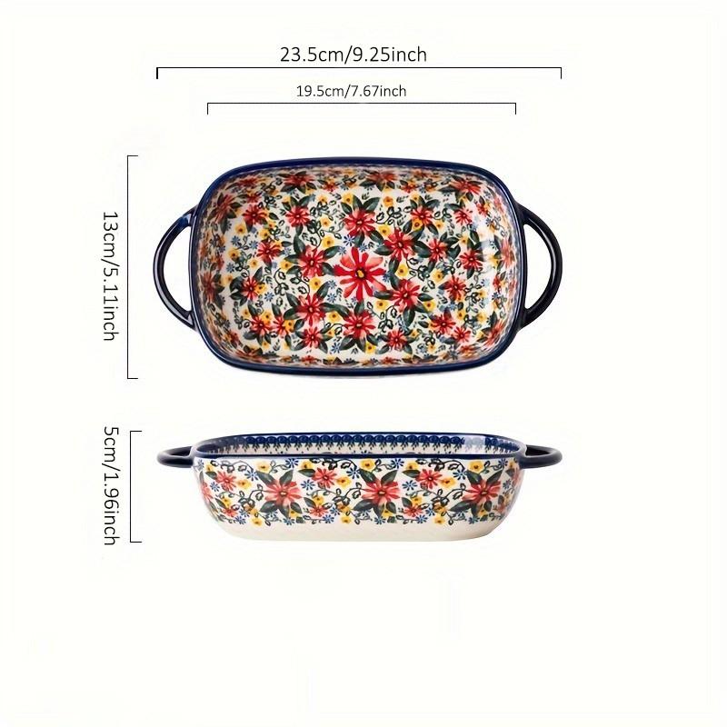 Floral Ceramic Baking Dish, Rectangular Casserole Dish, Bakeware, 730ML Rectangular Serving Bowl with Handle, Ideal for Rice, Salad & Cheese, Elegant Kitchen Accessory