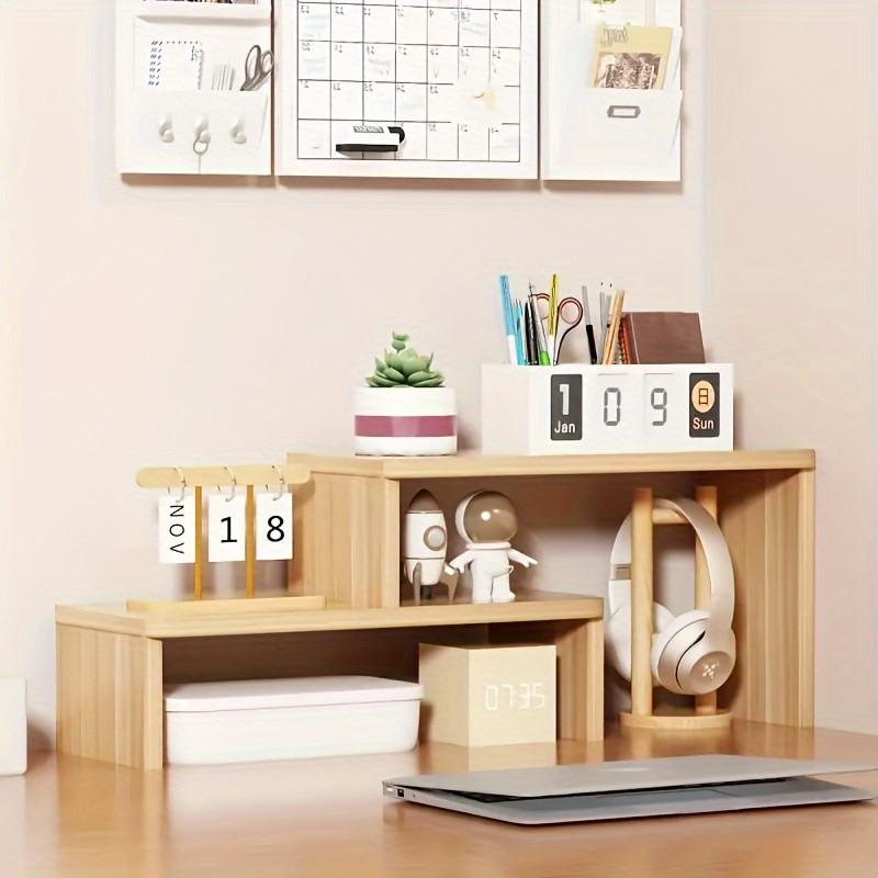 Multifunctional Adjustable Wooden Desktop Storage Rack Organizer, Perfect for Desk Office Living Room, Wood Color