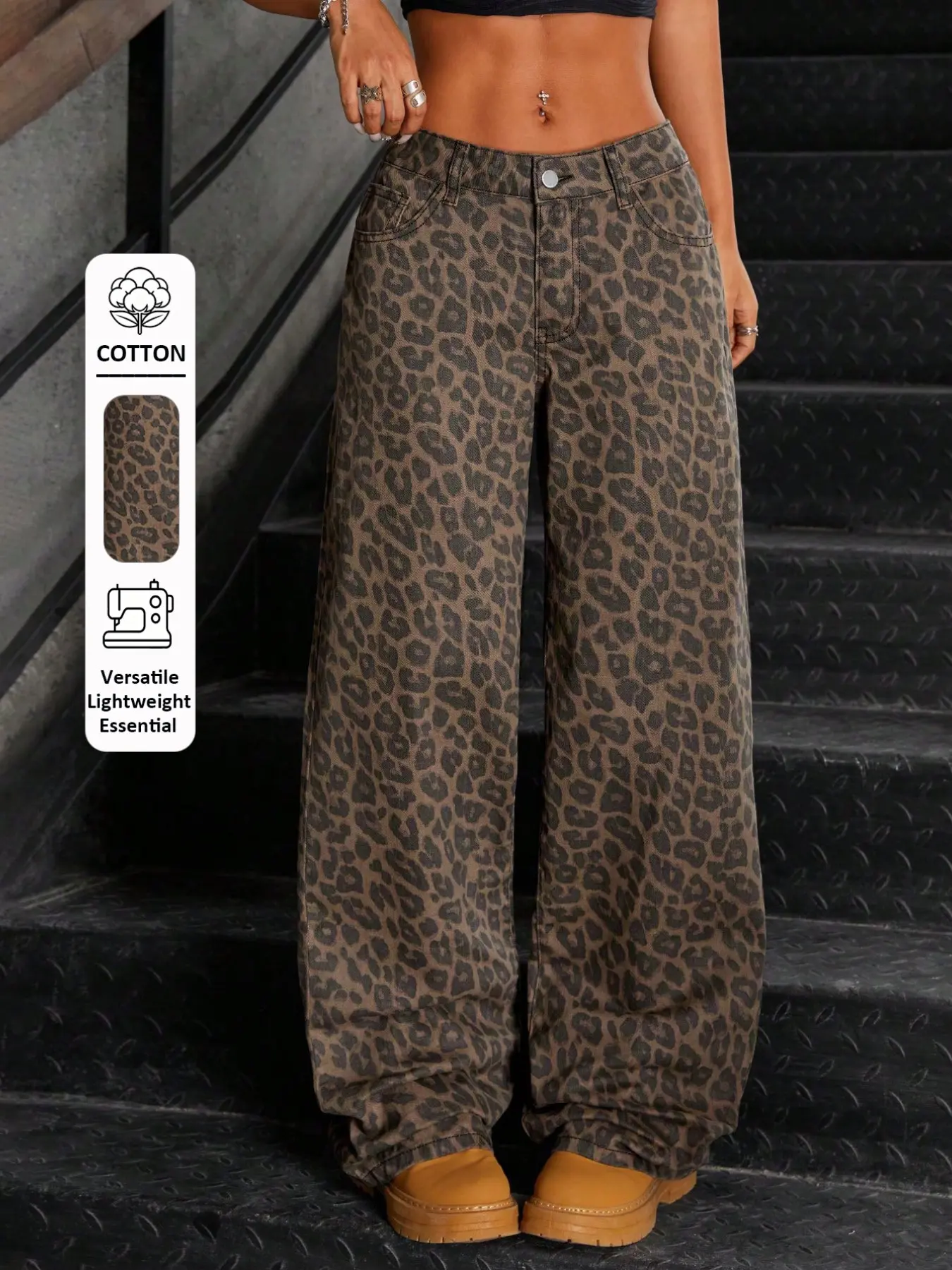 Y2K Retro Leopard Print Wide Leg Jeans, Loose Fit Casual High Waist Long Pants, Zipper Fly Multi-Pocket Women's Denim Trousers