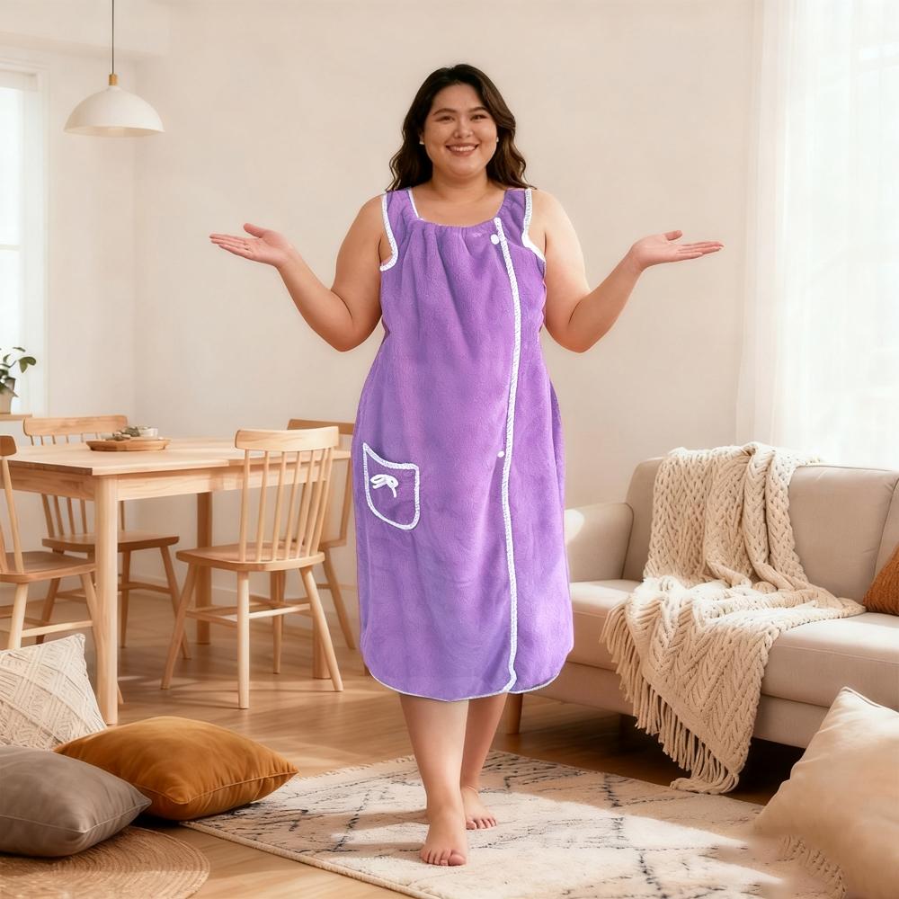 Plus Size Women's Solid Color Bathrobe, Absorbent Quick-Dry, Adjustable Wide Shoulder Straps, Available in Four Sizes, Can Be Used as Towel