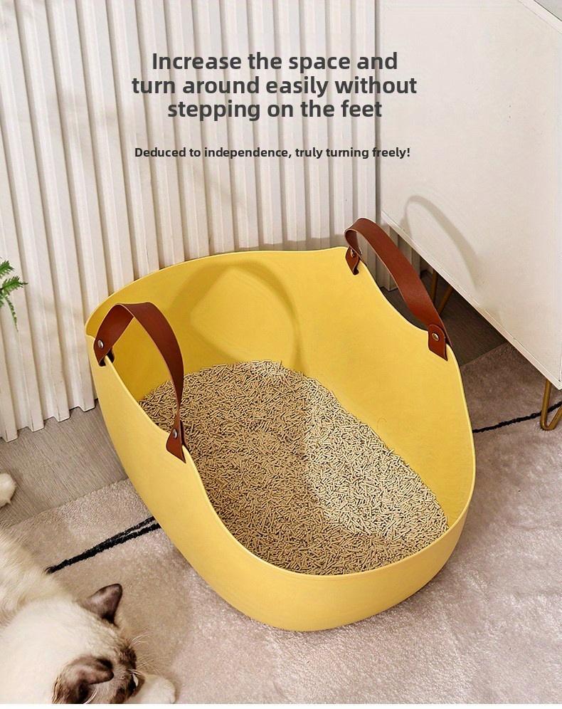 Large Semi-Enclosed Cat Litter Box, Open Front, Anti-Splashing, Portable with Handle, Easy Clean, Modern White & Brown, for Home Travel Apartment