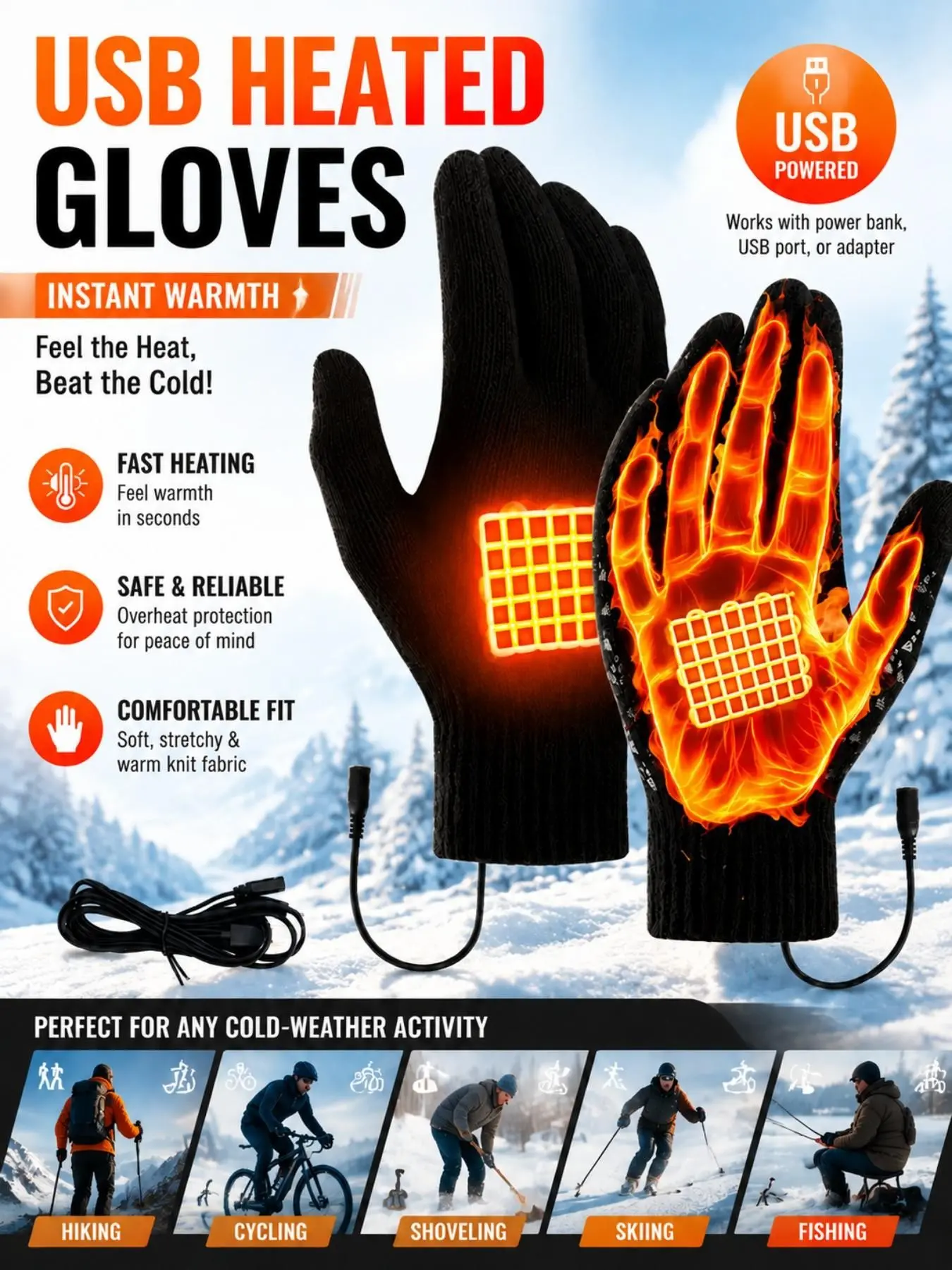 USB Powered Touchscreen Gloves, Unisex Dual-Sided Heating, Thick Warmth, Elastic Wrist, Non-Slip Grip, Durable, Ideal for Winter Outdoor Use