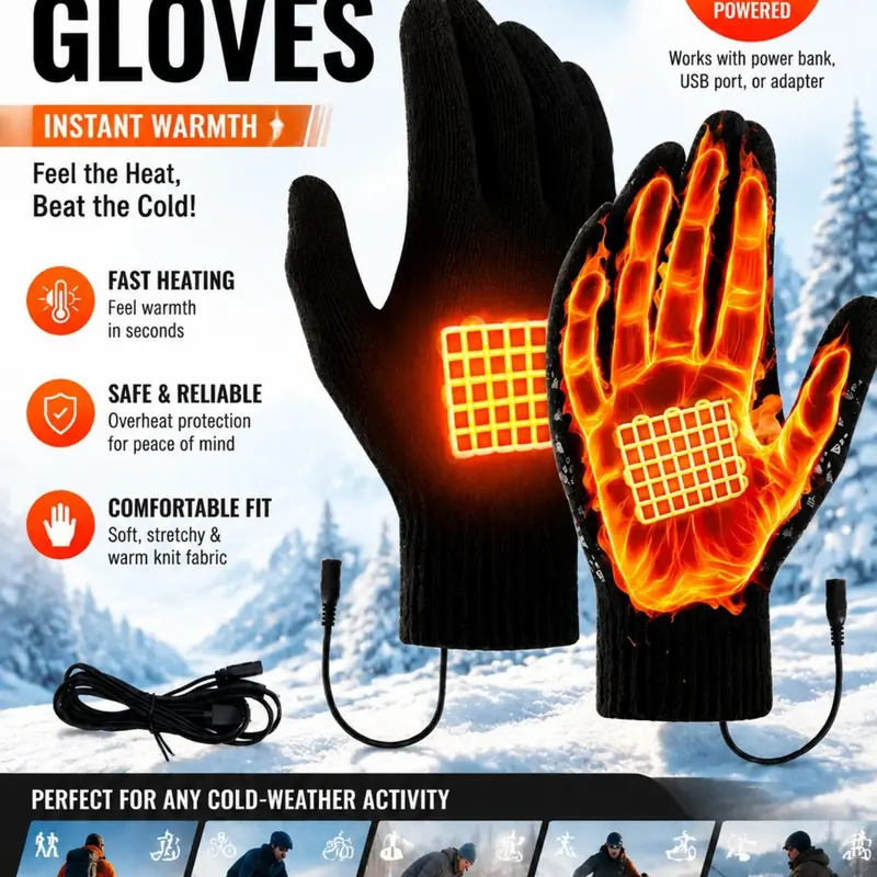 USB Powered Touchscreen Gloves, Unisex Dual-Sided Heating, Thick Warmth, Elastic Wrist, Non-Slip Grip, Durable, Ideal for Winter Outdoor Use, Gloves for Cold Weather