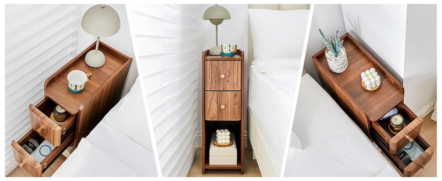 Giratree Mid-Century Modern Nightstand with 2 Drawers, Narrow Vintage Wooden End Table with Open Storage, Wooden Bedside Table Compact Organizer for Bedroom or Living Room