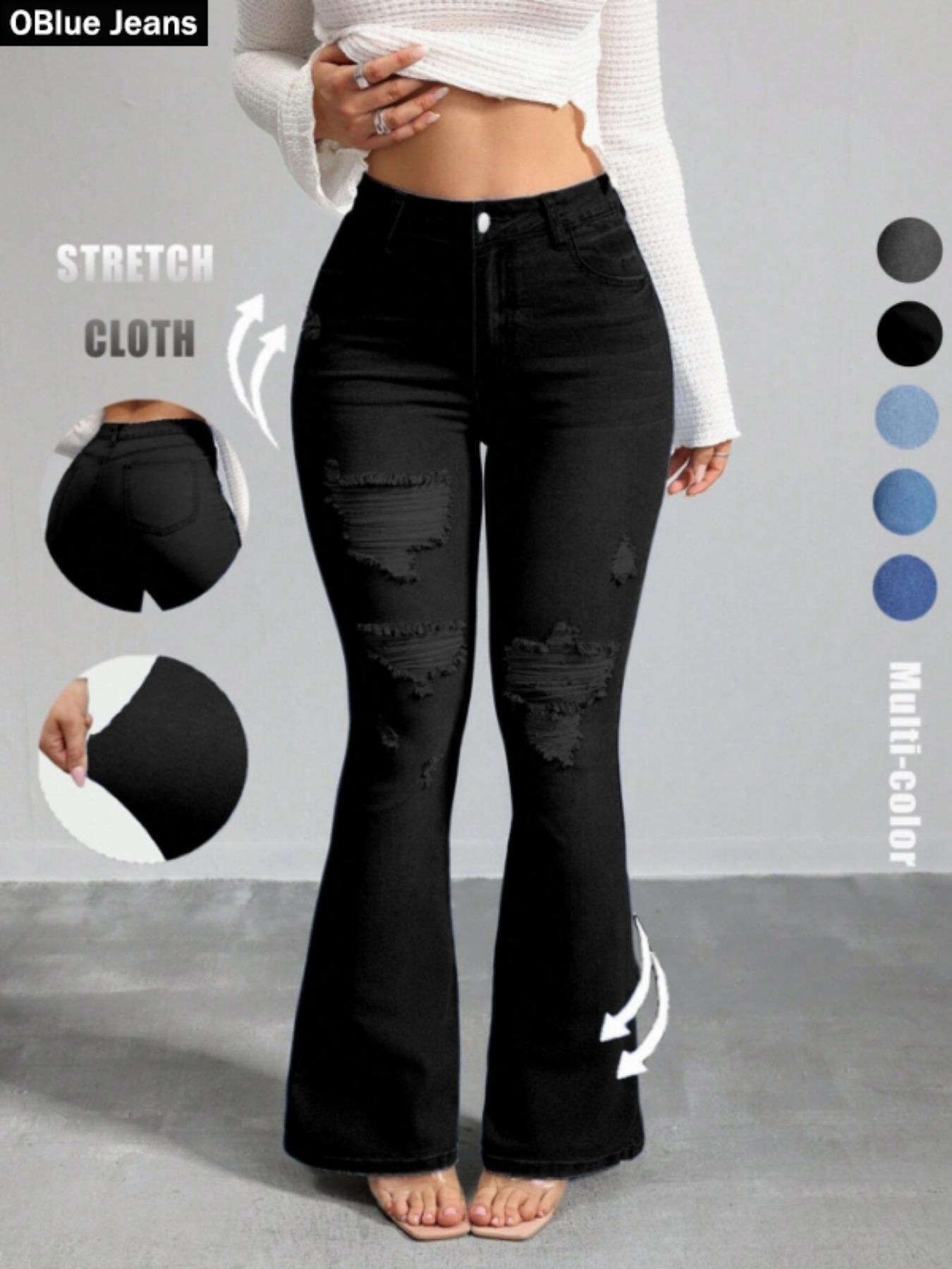 OBlue Jeans Women's Flare Leg Jeans, Casual Comfy Stretchy High Waist Bell Bottom Trousers for Daily Wear, Ladies Bottoms for All Seasons, Pants