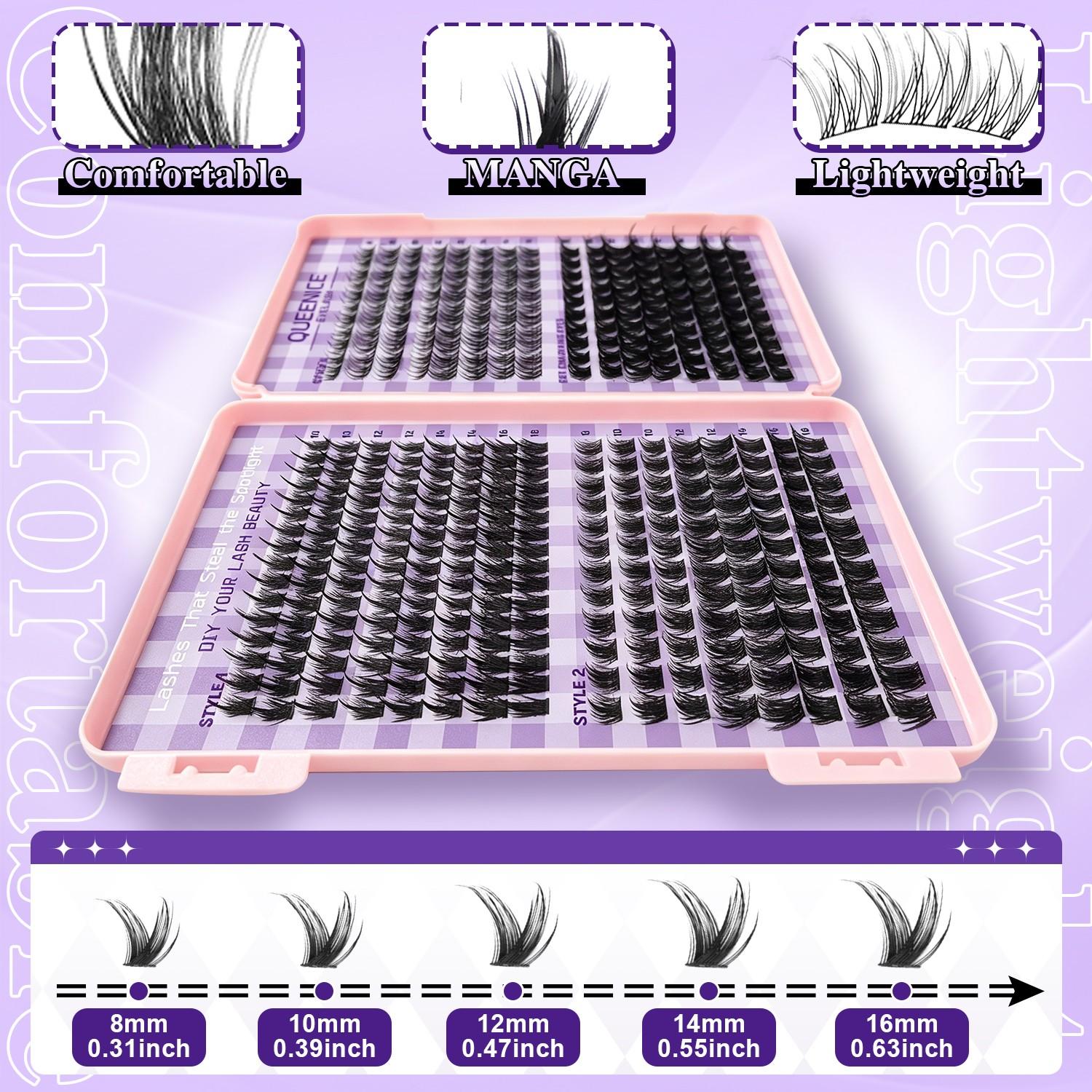 392pcs Individual Lash Clusters EyelashExtension Kit with Glue Tweezers RemoverCream CC Curl Mixed 8-16mm LargeCapacity Home DIY Beginners Friendly