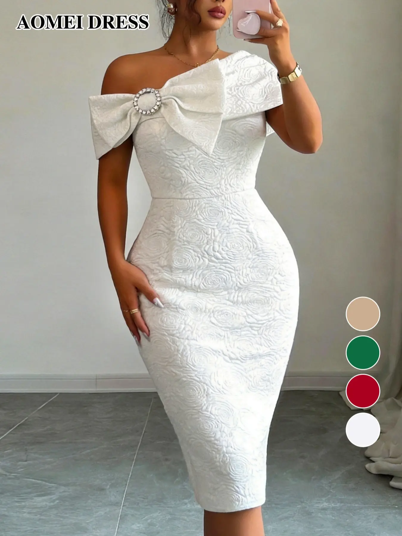 AOMEI DRESS Elegant Women's Jacquard Bodycon Midi Dress, Formal Wear, One-Shoulder Bow High-Waist, Perfect for Wedding Guests and Evening Parties