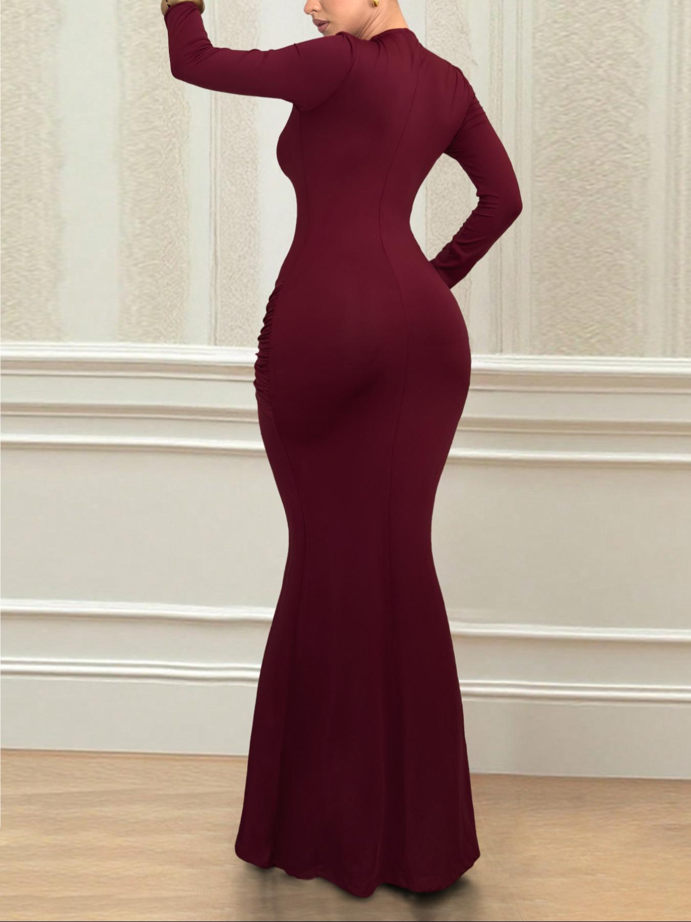 Women Burgundy Long Sleeve Maxi Dress Deep V Neck Ruched Bodycon Slim Fit  Stretchy Soft Elegant