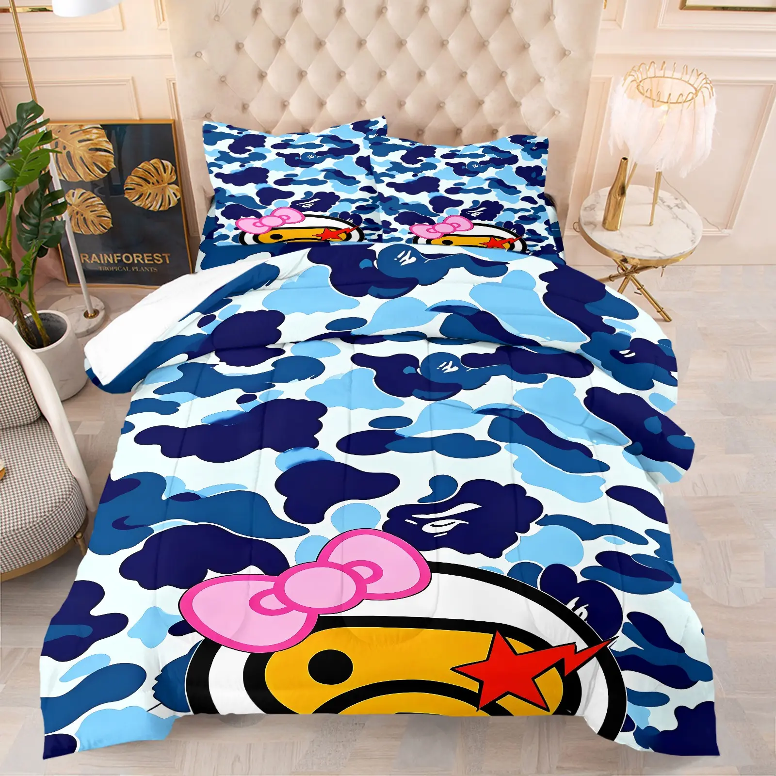 Streetwear Blue Camo Cartoon Monkey‑Head Print Comforter Set, Includes 1 Comforter and 1‑2 Pillowcases, Cute Hip‑Hop Pink Bow Camouflage Pattern, Gift for Kids, Teens and Adults, Trendy Bedroom Gift for Street‑Style Girls