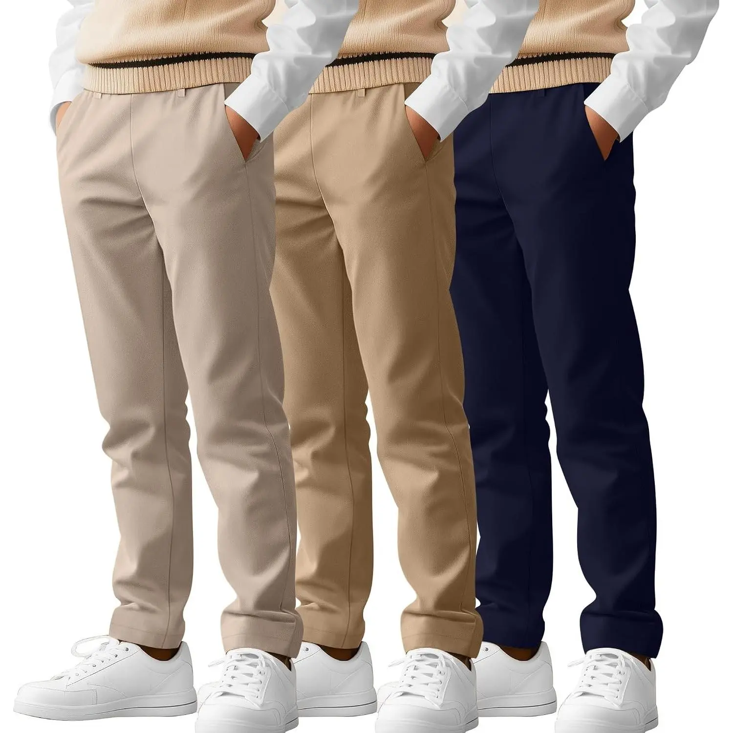 3 Pack Boys' School Uniform Pants 6-14Y Elastic Waist Stretch Dress Pants with Pockets Straight Fit for Youth(Gift)