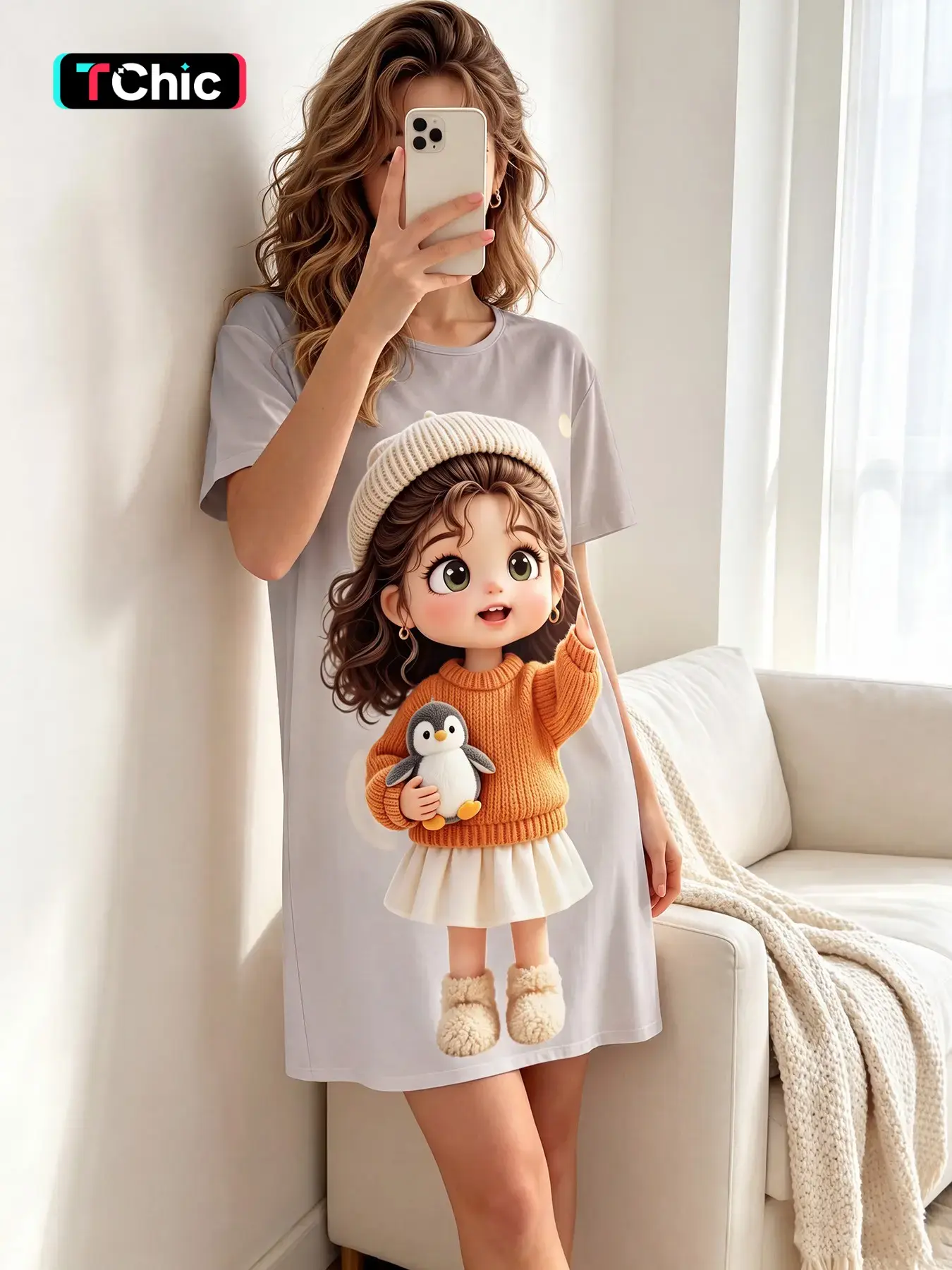 Women's Short Sleeve Crew Neck Sleep Dress, All Season Wear, Fluffy Penguin Companion Print, Unique Vivid Nightgown for Movie Night, Quiet Time and Creative Home Shoots
