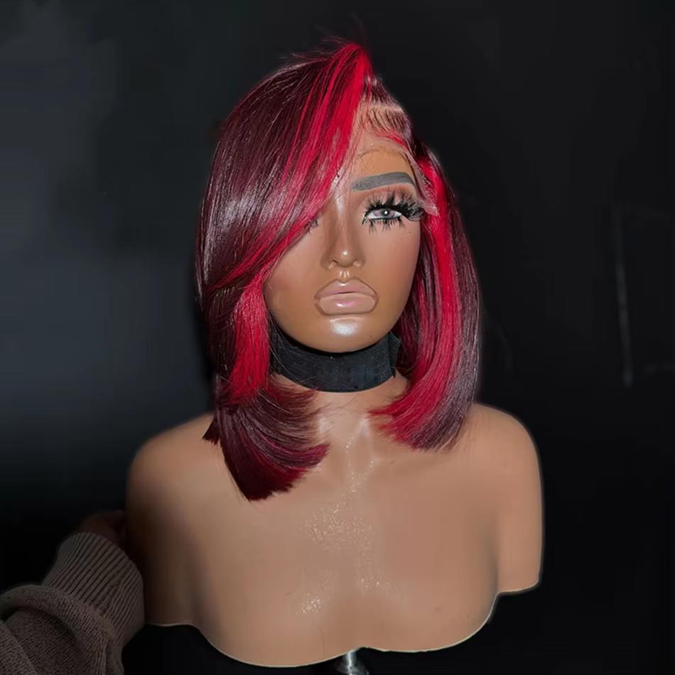 Highlight Red 99J Bob Wig Human Hair 180 Density 13x4 Lace Frontal Wigs for Women Red Highlight Burgundy Transparent Lace Frontal Straight Short Bob Wig Human Hair Wigs Pre Plucked SpringStatements