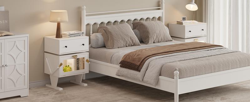 RoyalCraft Robot Nightstand with LED Light Strips, End Table with 360 Degree Rotating Drawer, Modern Design Bedside Table with Glass Door Storage, Wood Cabinet for Bedroom, Home Office Furniture Organize