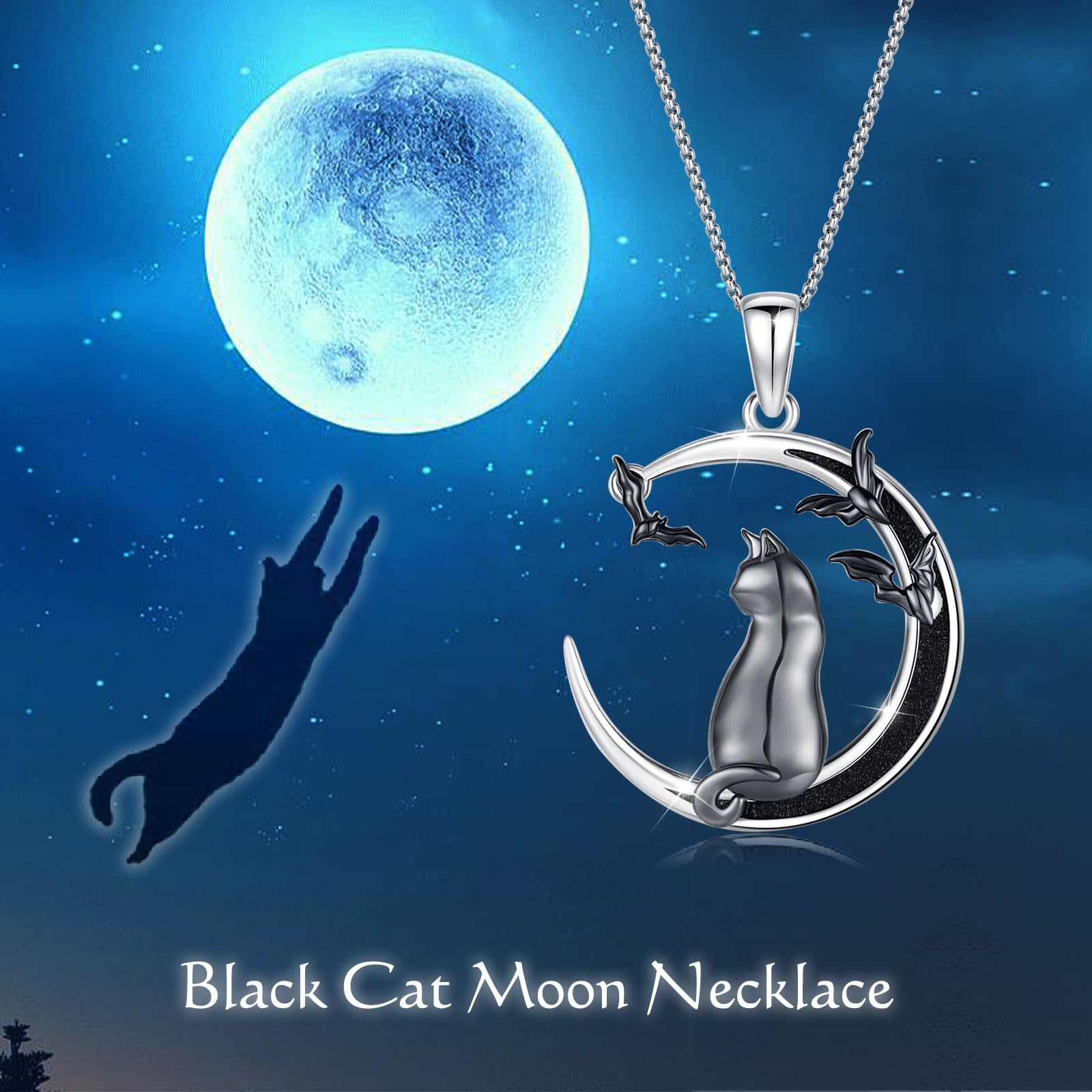 DRINSPER S925 Black Cat with Bat Necklace Sterling SIlver Jewelry