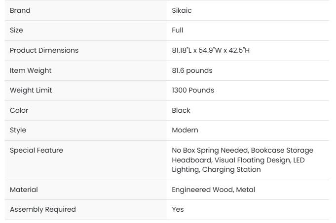 Sikaic Floating Bed Frame with LED Lights and Headboard Storage Black Modern Metal Platform Visual Floating Bed with Charing Station and Stable Structure